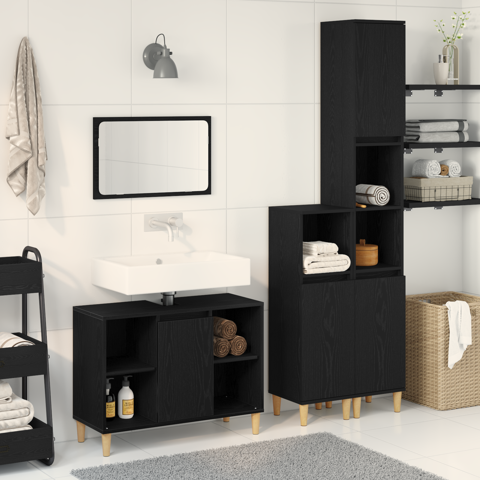 3 Piece Bathroom Furniture Set Black Oak Engineered Wood
