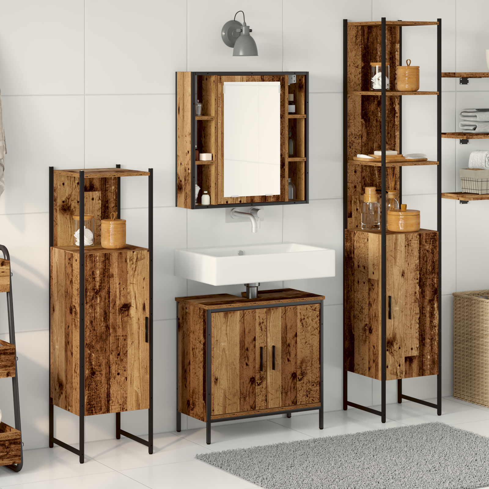 4 Piece Bathroom Furniture Set Rustic Wood Engineered Wood