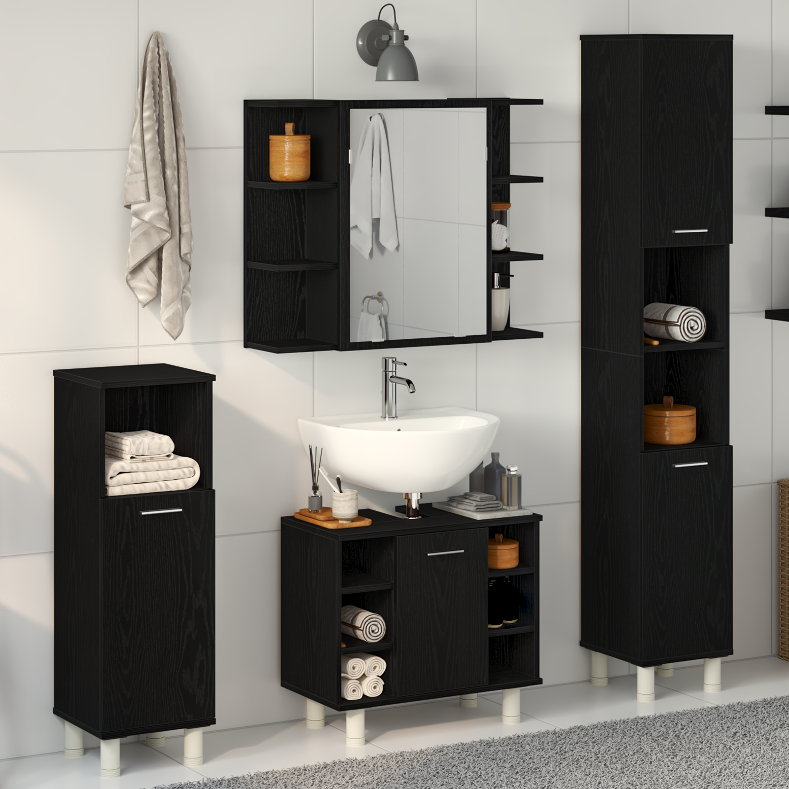4 Piece Bathroom Furniture Set Black Oak Engineered Wood