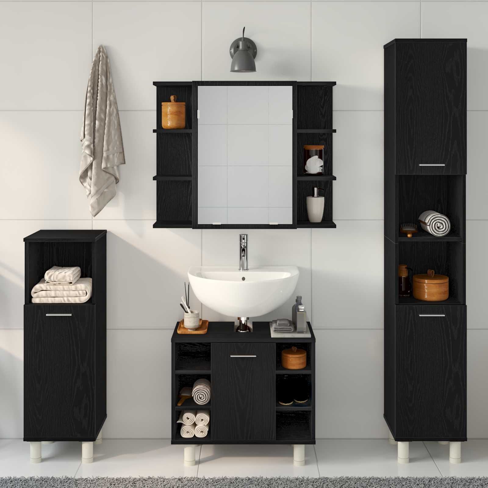 4 Piece Bathroom Furniture Set Black Oak Engineered Wood - Image 4