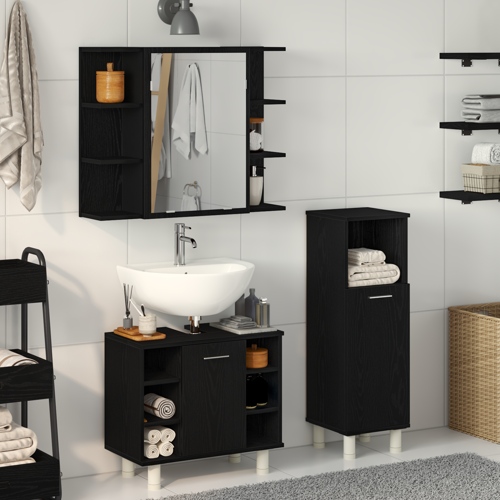 3 Piece Bathroom Furniture Set Black Oak Engineered Wood