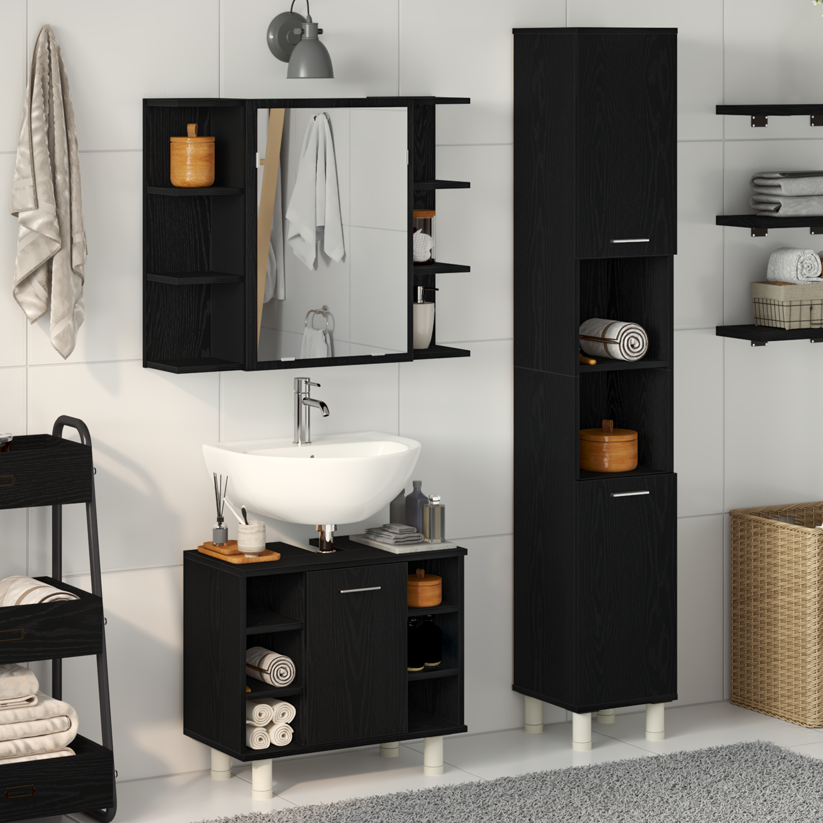 3 Piece Bathroom Furniture Set Black Oak Engineered Wood