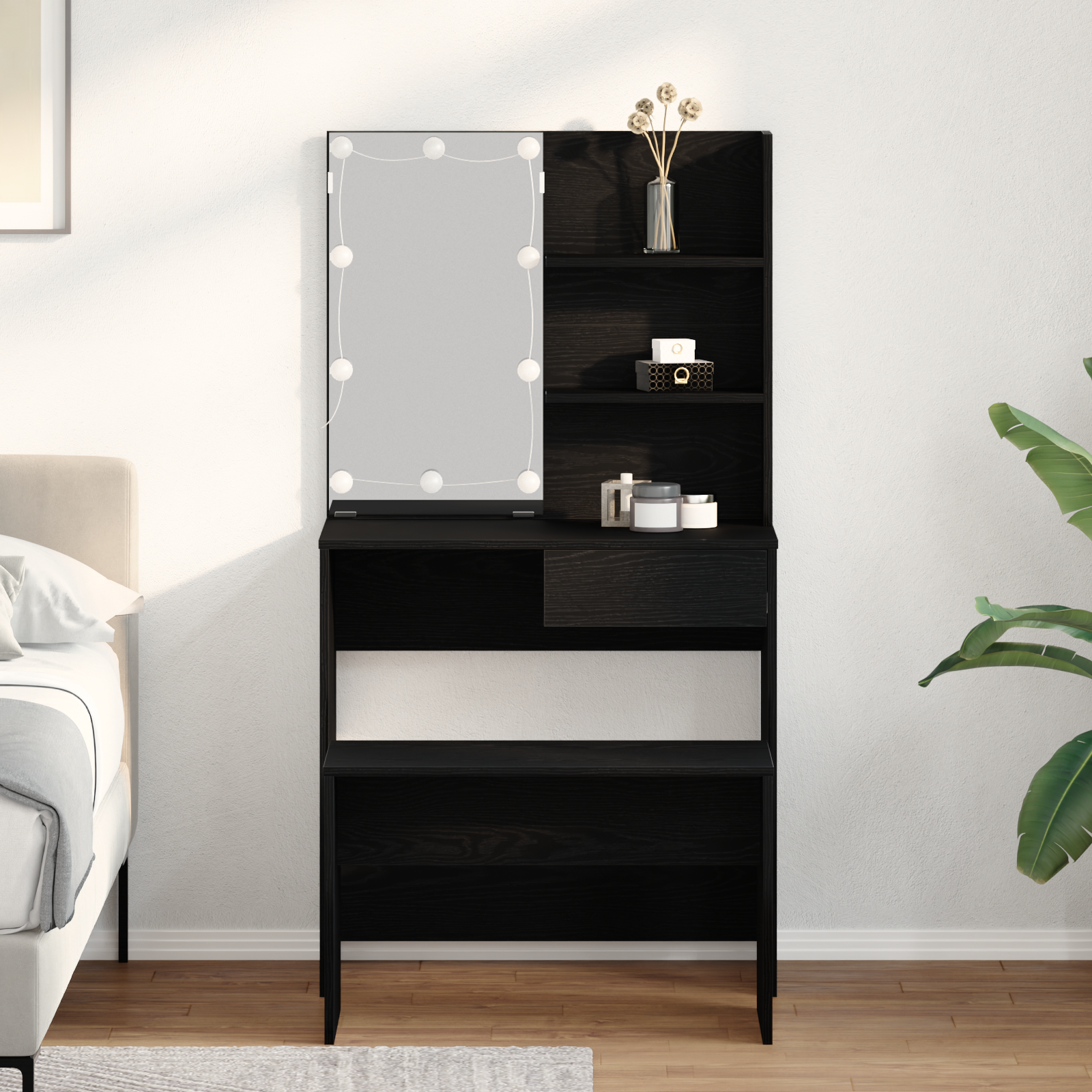 Dressing Table Set with LED Black Oak Engineered Wood