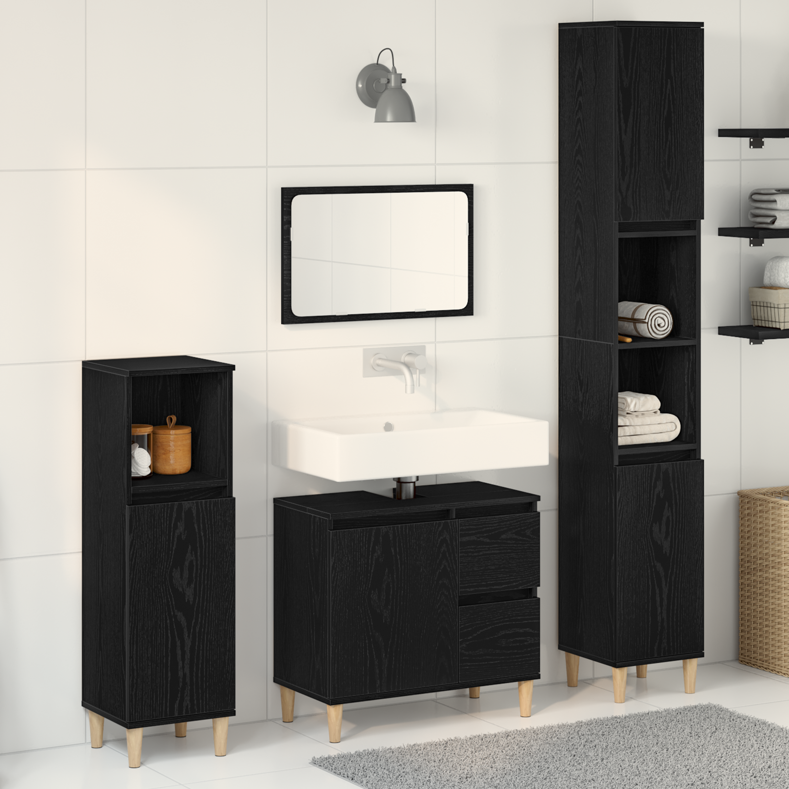3 Piece Bathroom Cabinet Set Black Oak Engineered Wood