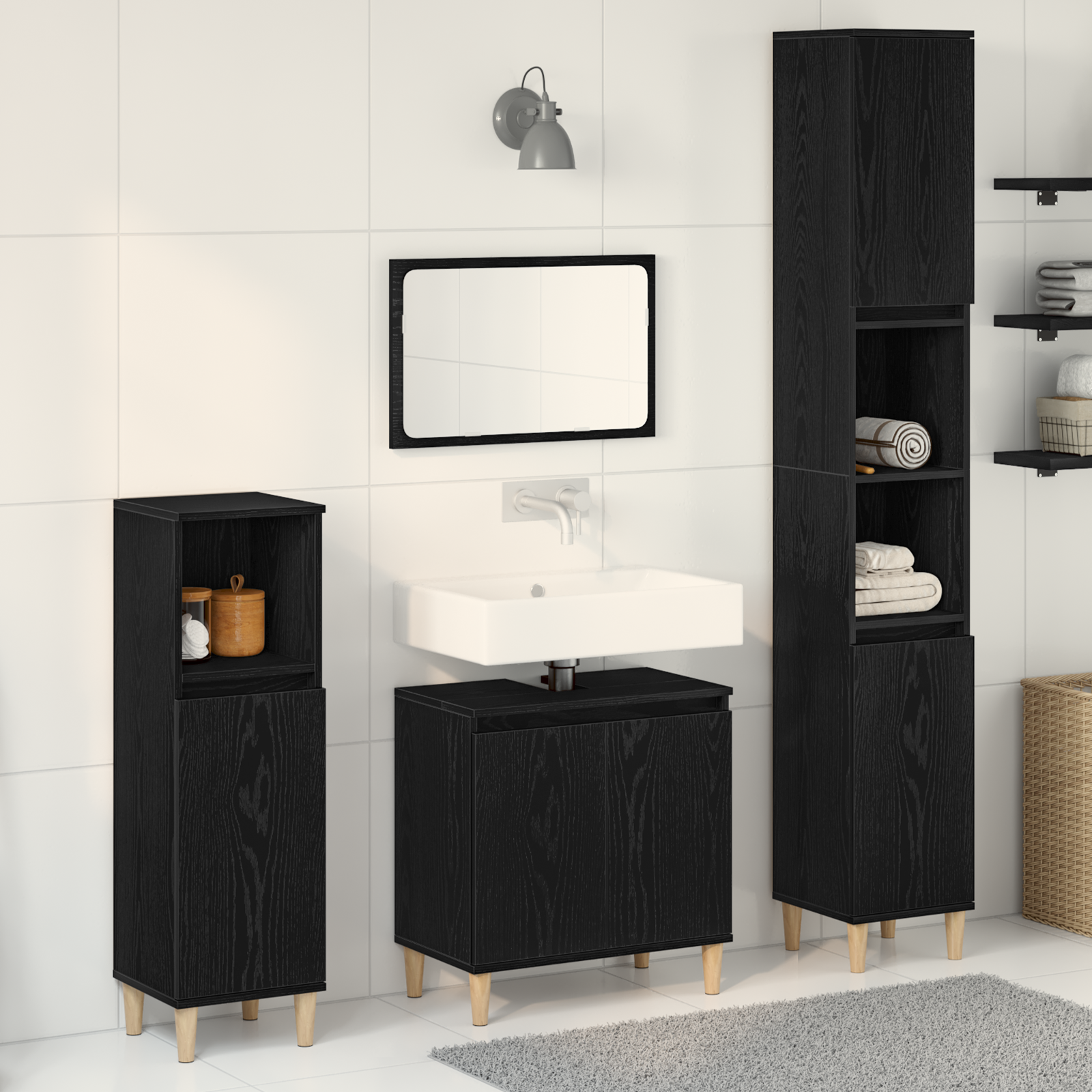 3 Piece Bathroom Furniture Set Black Oak Engineered Wood