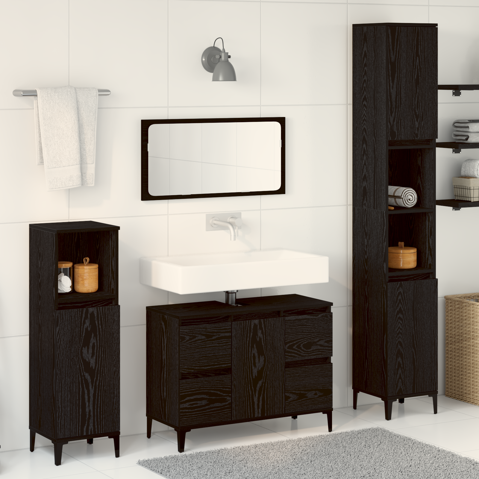 3 Piece Bathroom Furniture Set Black Oak Engineered Wood