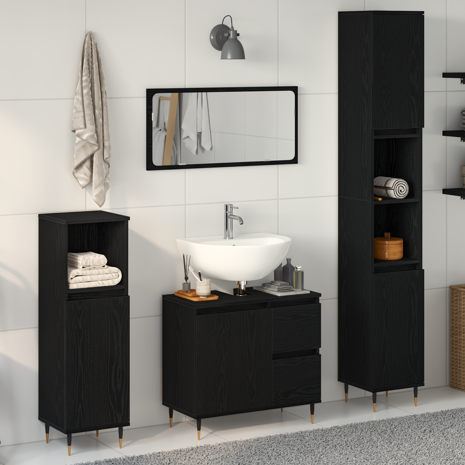 3 Piece Bathroom Furniture Set Black Oak Engineered Wood