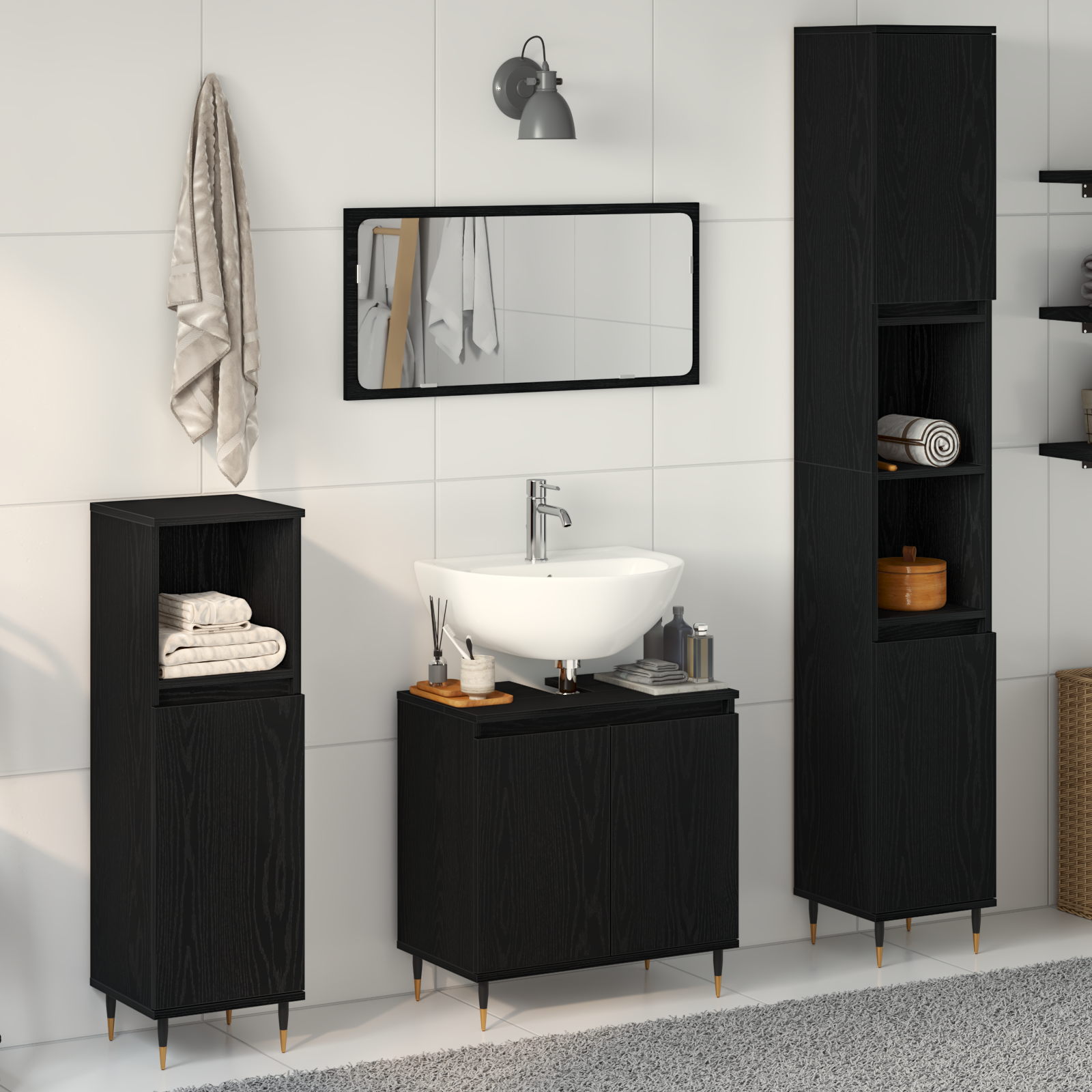 3 Piece Bathroom Furniture Set Black Oak Engineered Wood