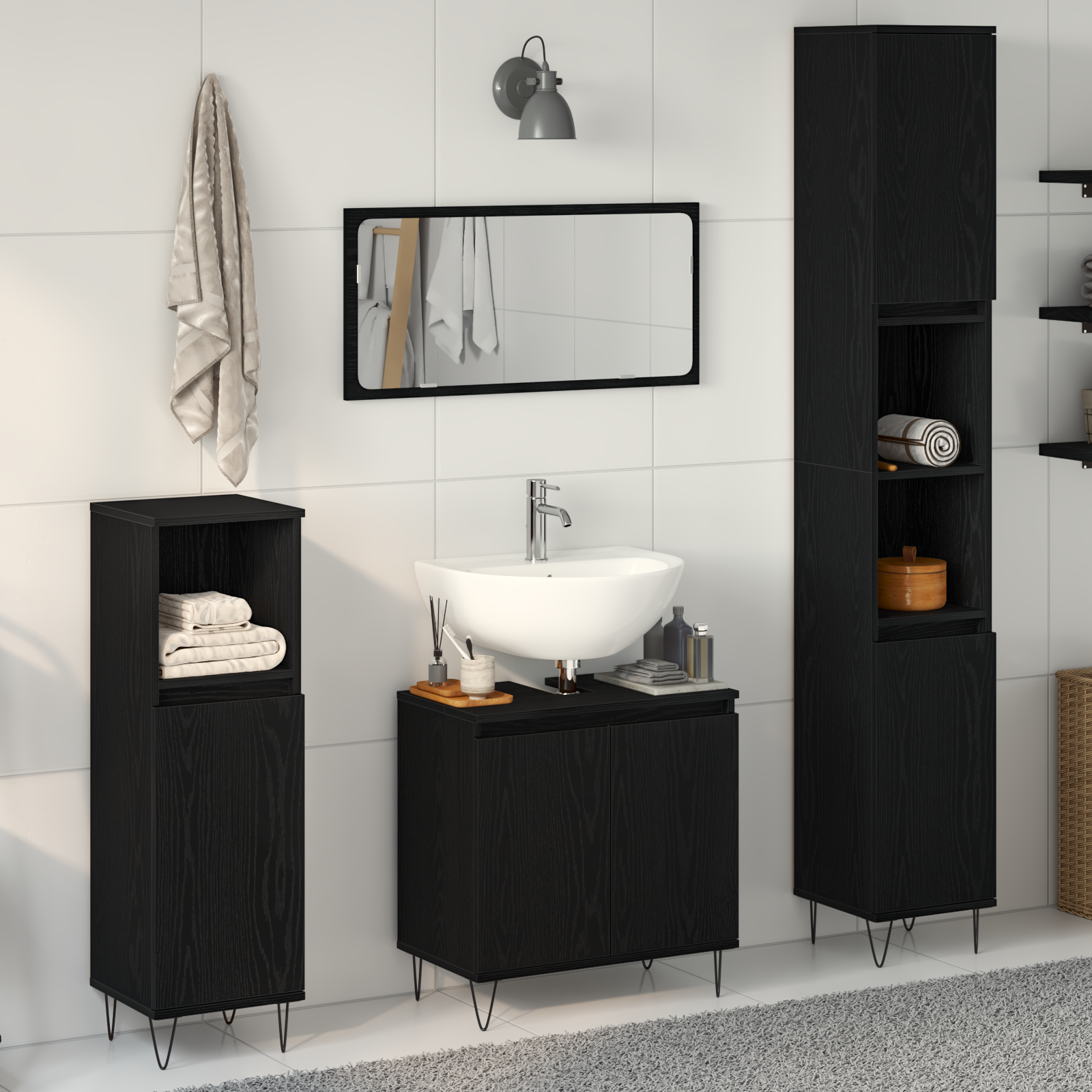 3 Piece Bathroom Furniture Set Black Oak Engineered Wood