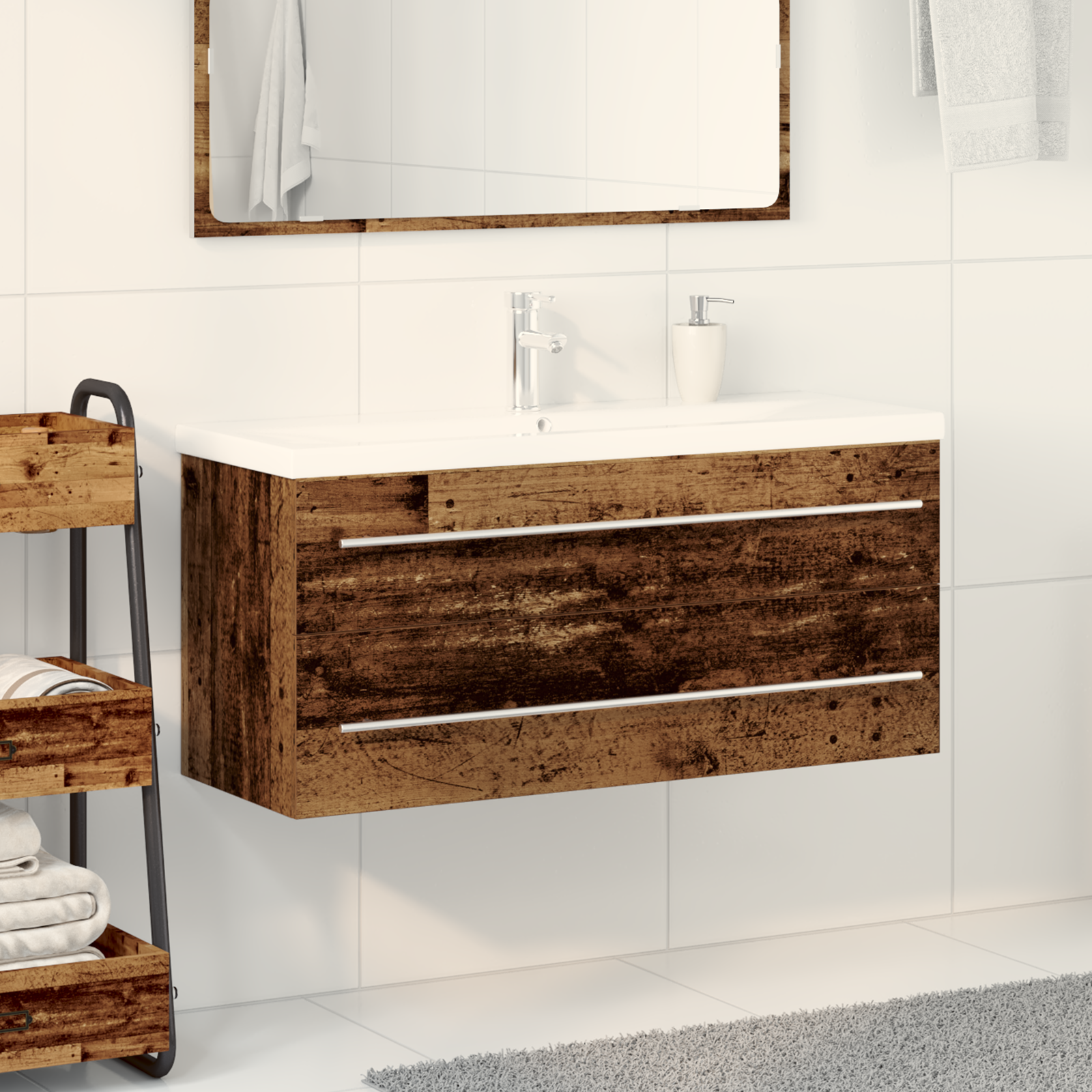 Bathroom Sink Cabinet with Built-in Basin Old Wood Engineered Wood