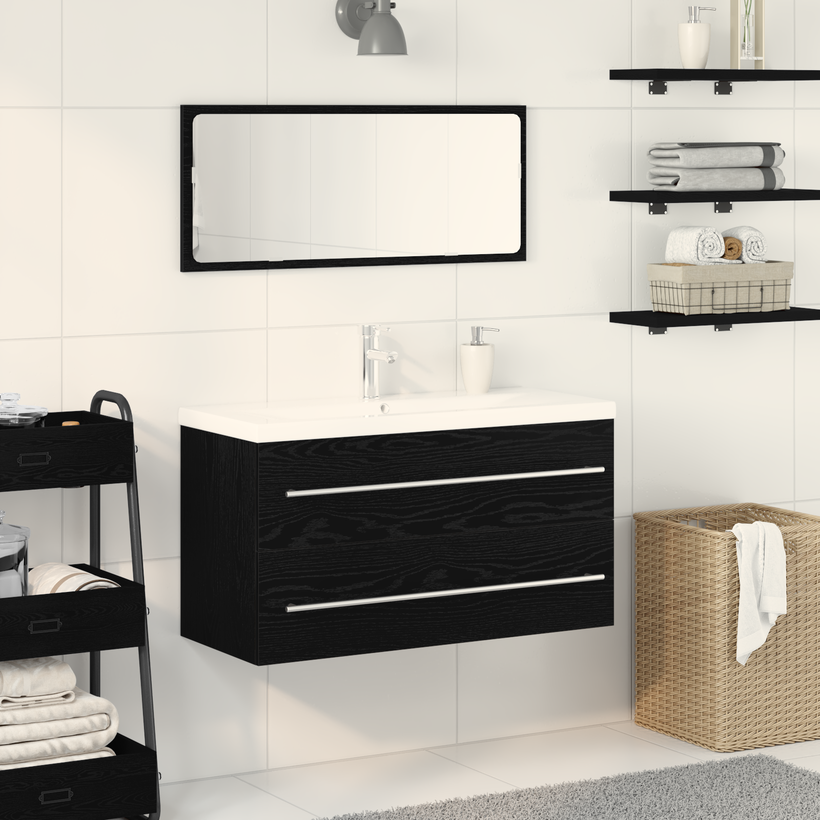 Bathroom Sink Cabinet with Built-in Basin Black Oak Engineered Wood