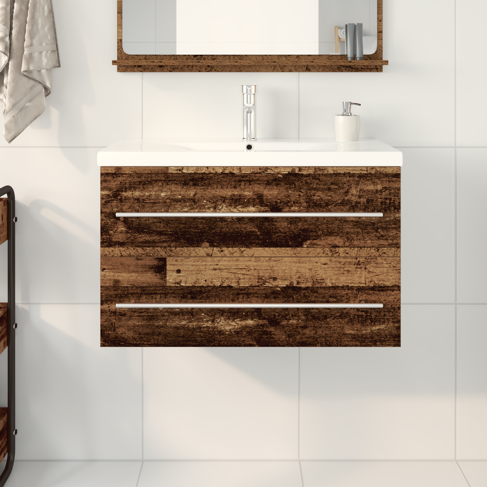 Bathroom Sink Cabinet with Built-in Basin Old Wood Engineered Wood - Image 4