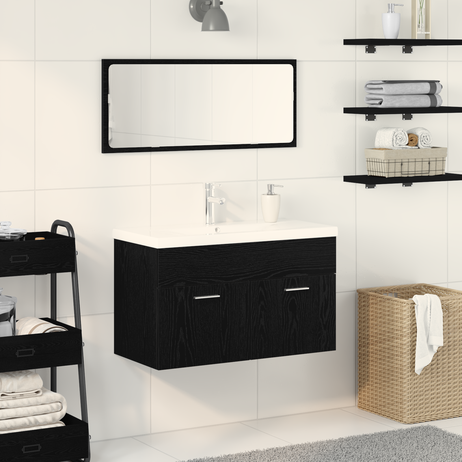 Bathroom Sink Cabinet with Built-in Basin Black Oak Engineered Wood