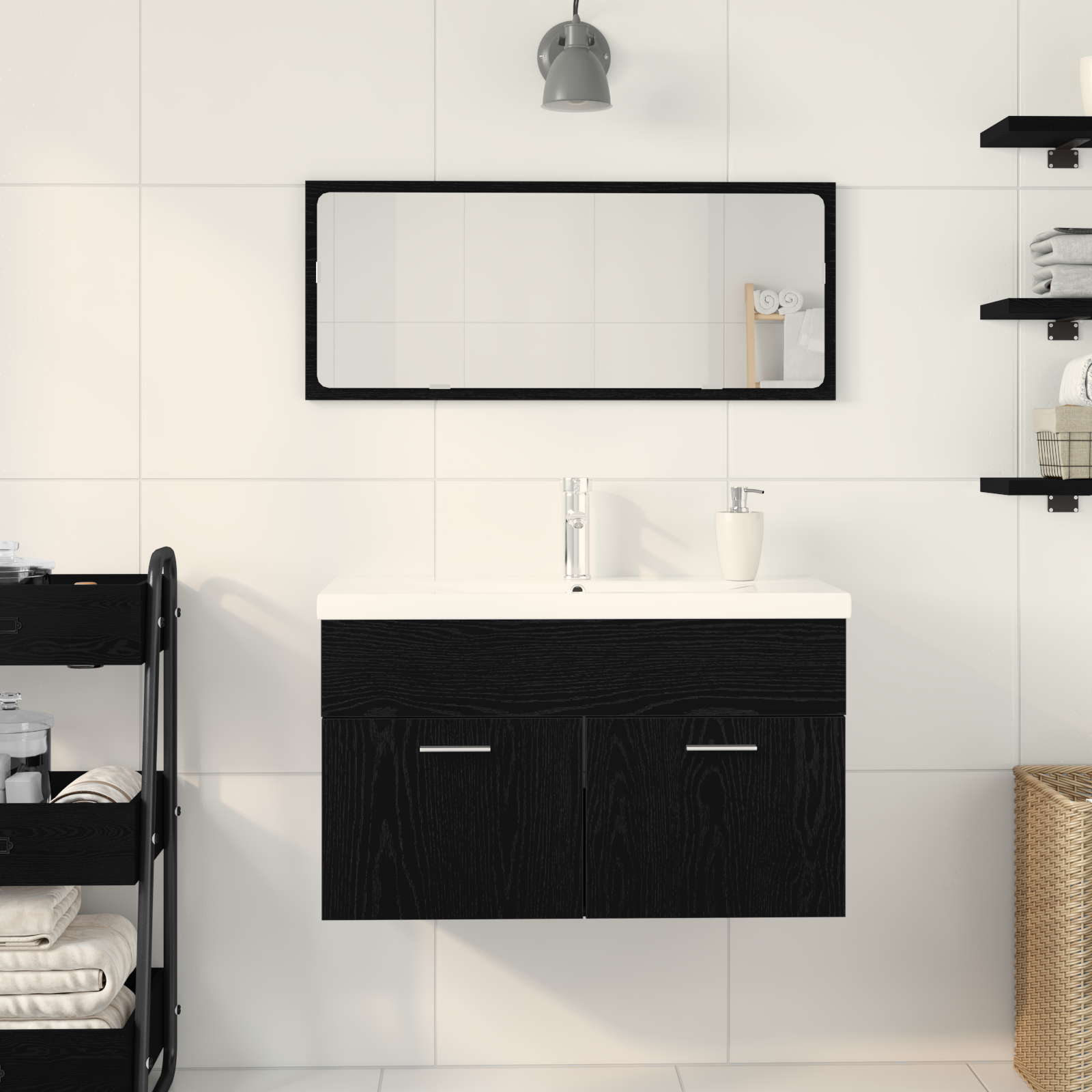 Bathroom Sink Cabinet with Built-in Basin Black Oak Engineered Wood - Image 4