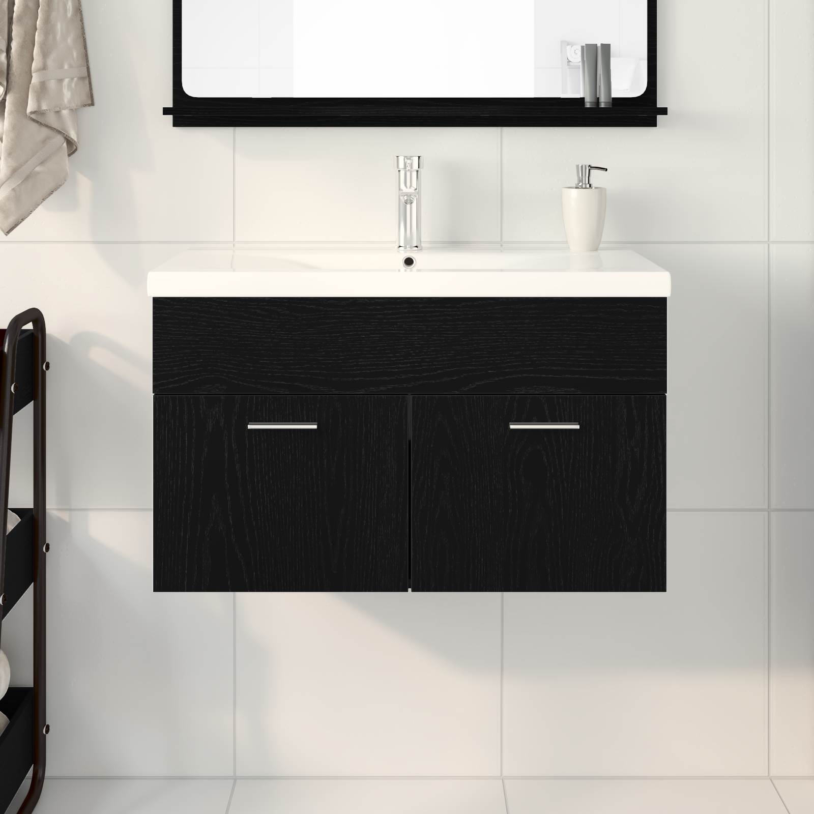 Bathroom Sink Cabinet with Built-in Basin Black Oak Engineered Wood - Image 4