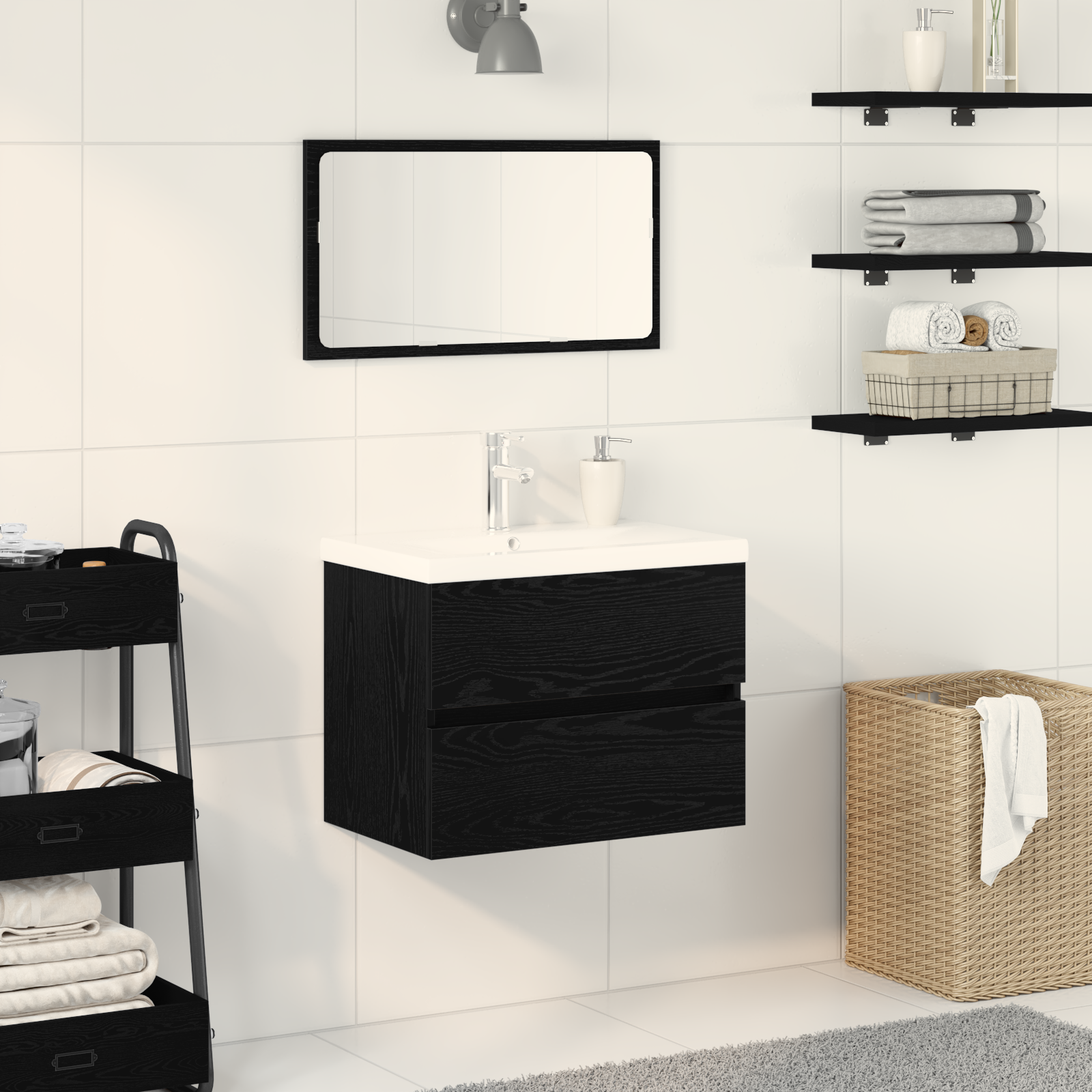 Waschbeckenunterschrank mit integriertem Becken Schwarze Eiche Holzwerkstoff, vidaXL Waschbeckenunterschrank Schwarze Eiche 60x38,5x45 cm Holzwerkstoff