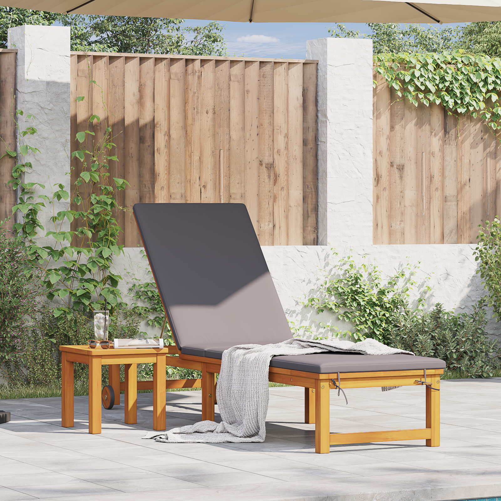 Zonnebed met Tafel en Kussen Massief Acaciahout