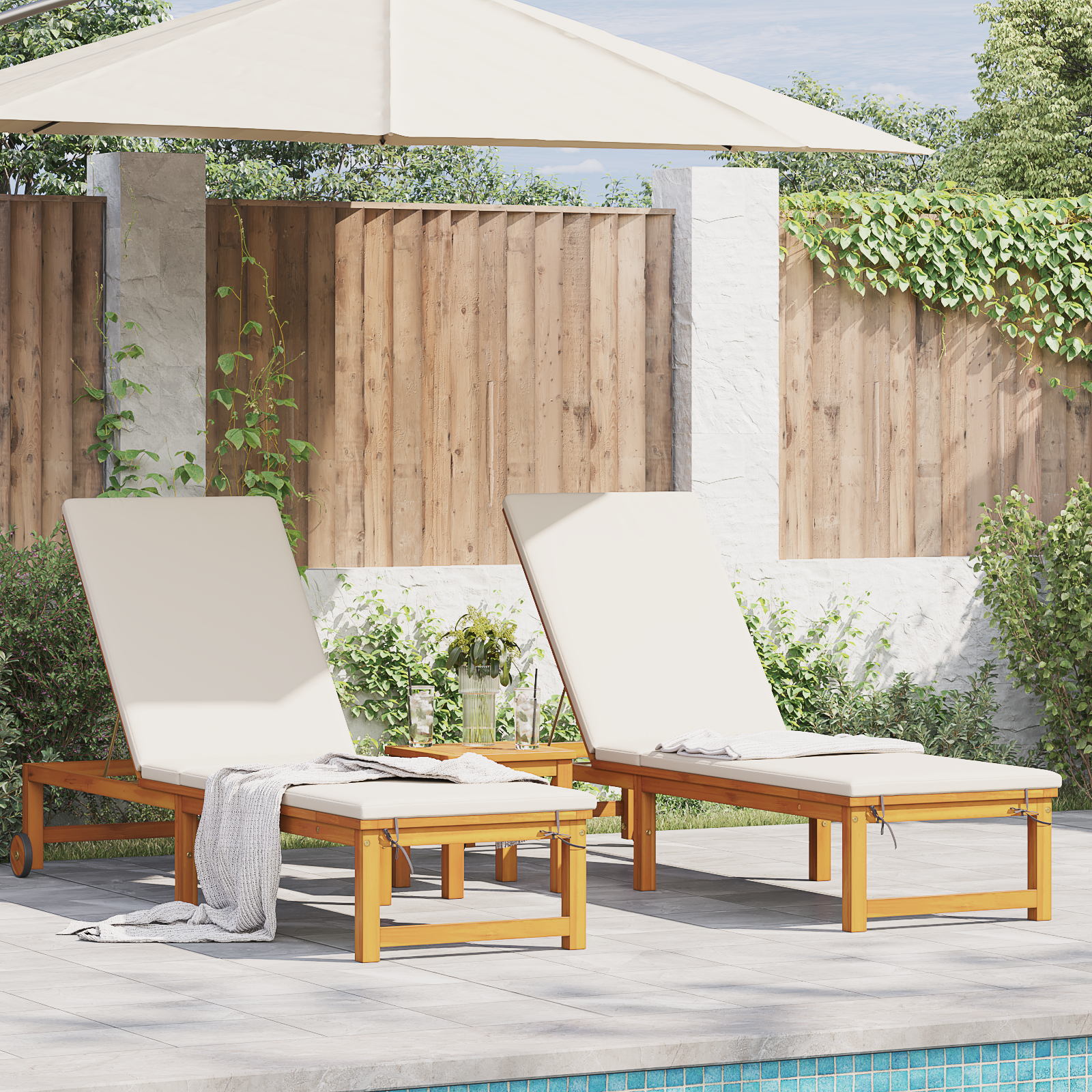 ligbedden 2 stuks met Tafel en Kussens Massief Hout Acacia