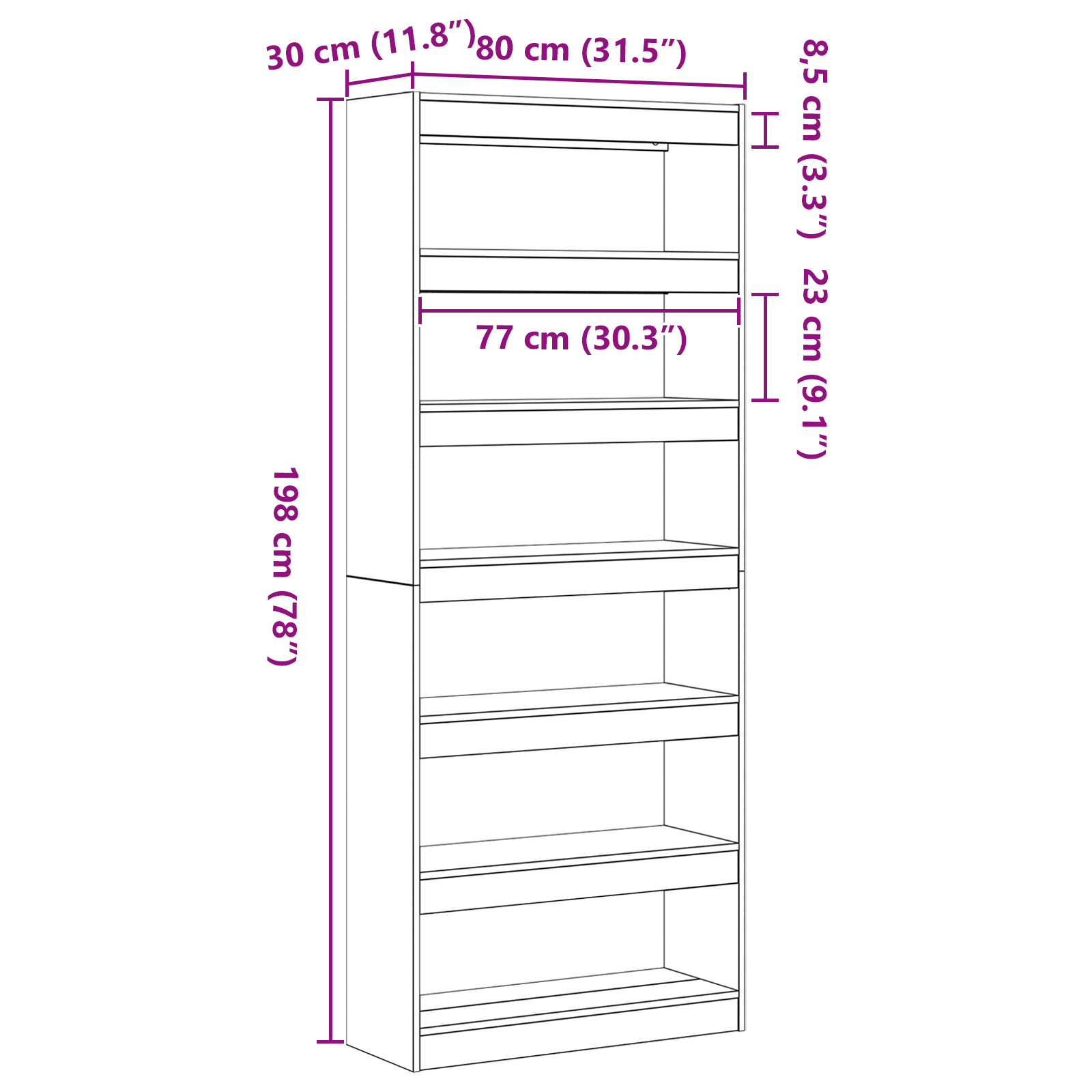 White Bookshelf White Engineered wood 80 x 30 x 198 cm Storage - Image 9
