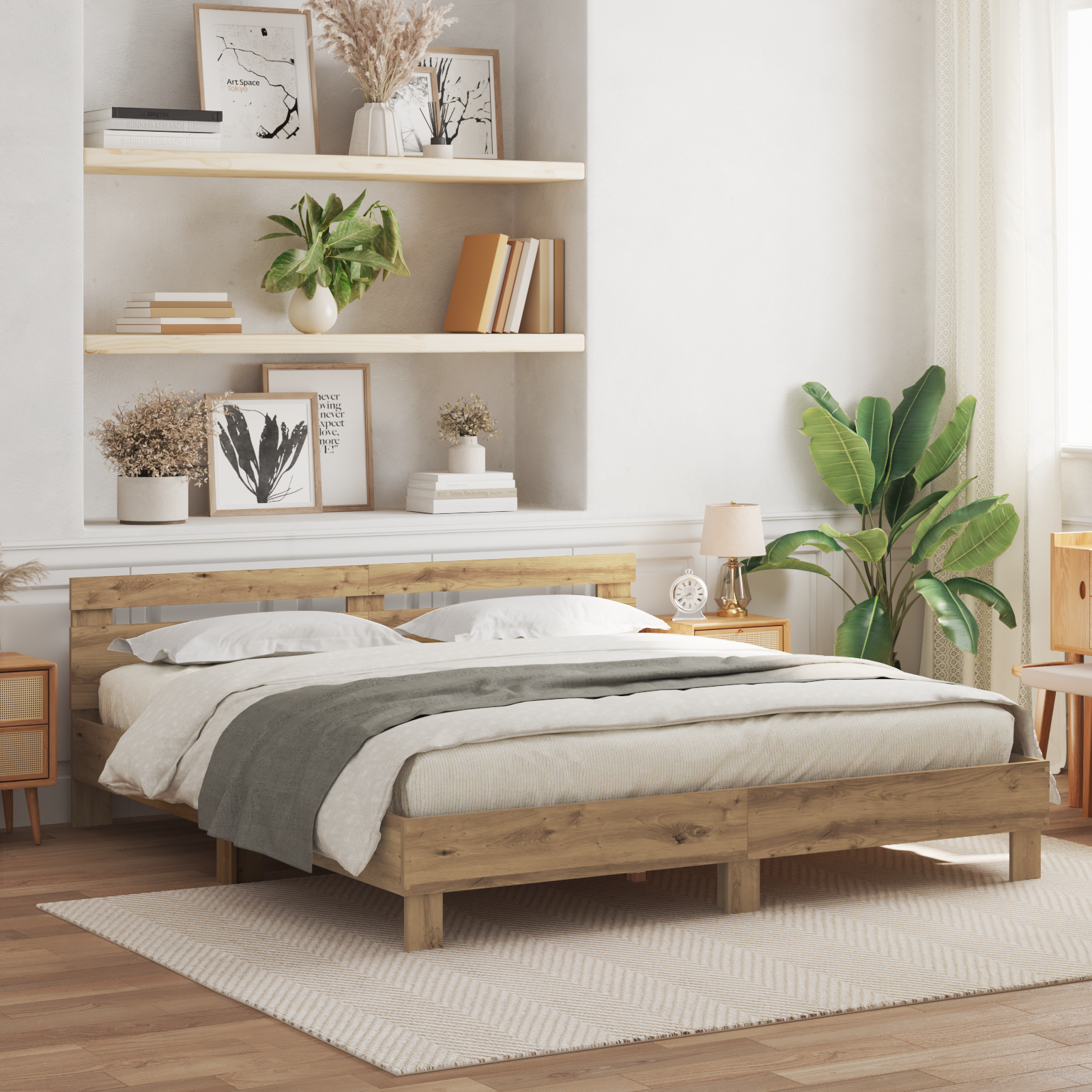 Houten Bedframe Ambachtelijk Eiken Massief Eikenhout 200 x 200 cm
