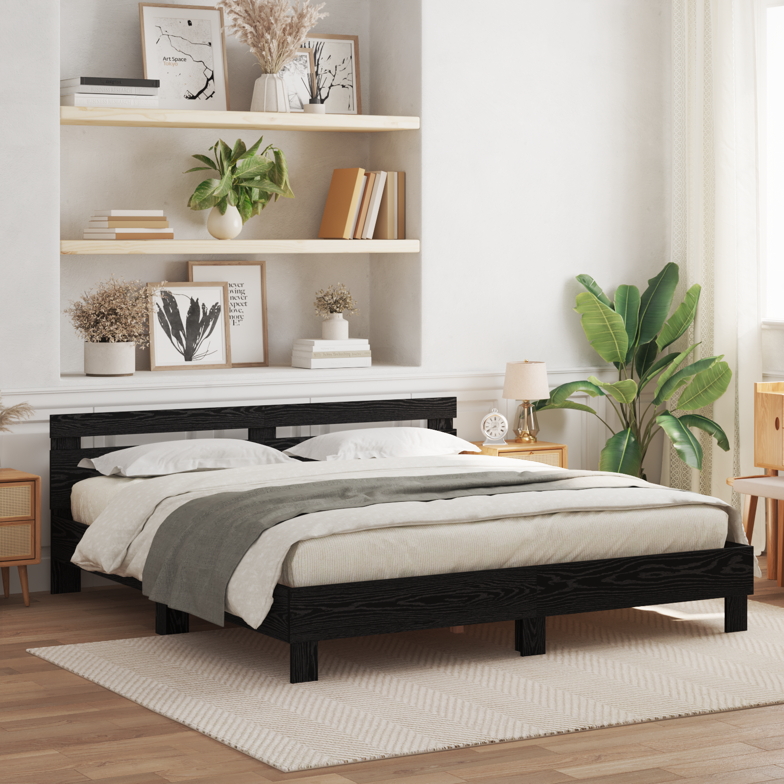 Eiken Bedframe Zwart Eiken Massief Eikenhout 180 x 200 cm Stevig