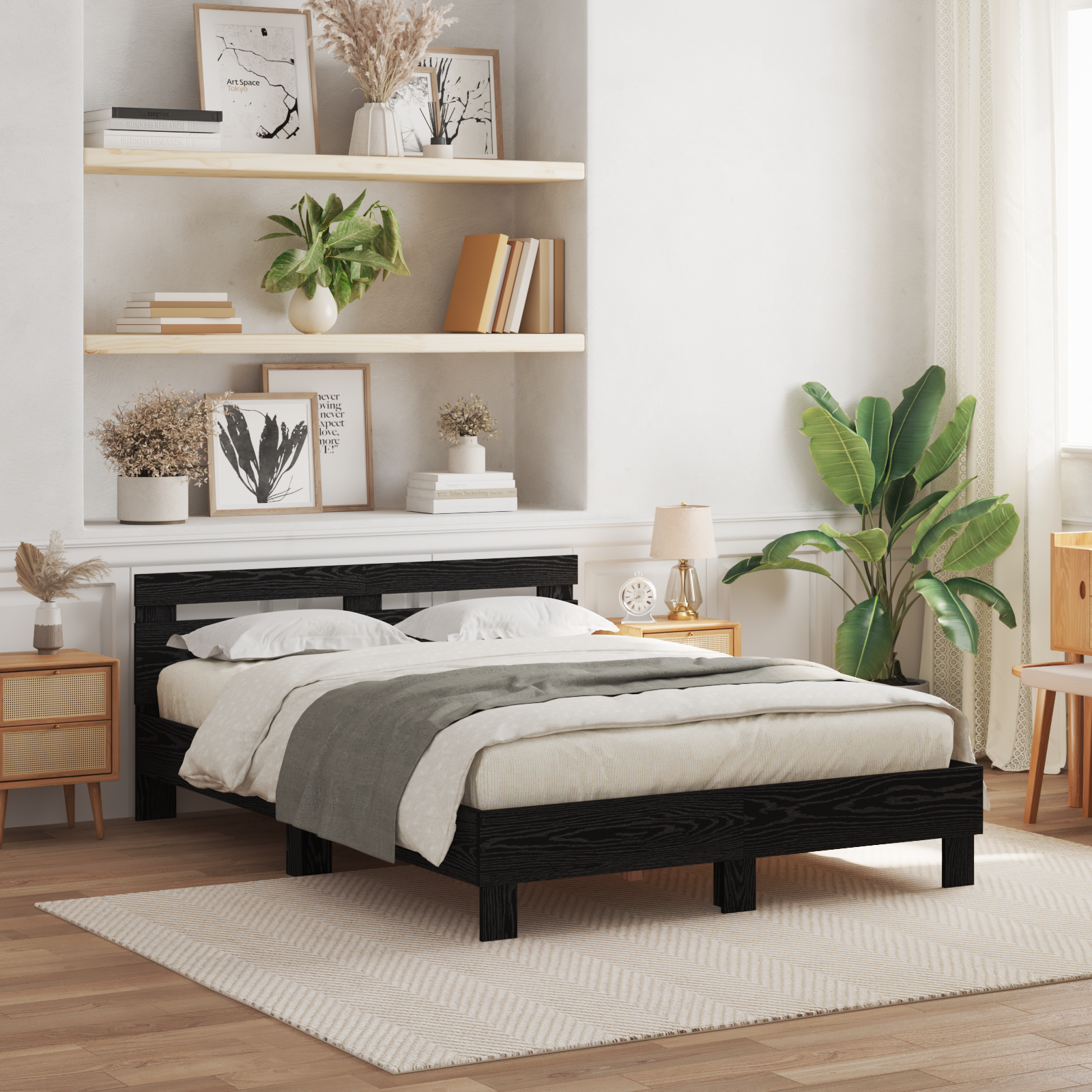Black Bed Frame Black oak Wood 140 x 190 cm Durable