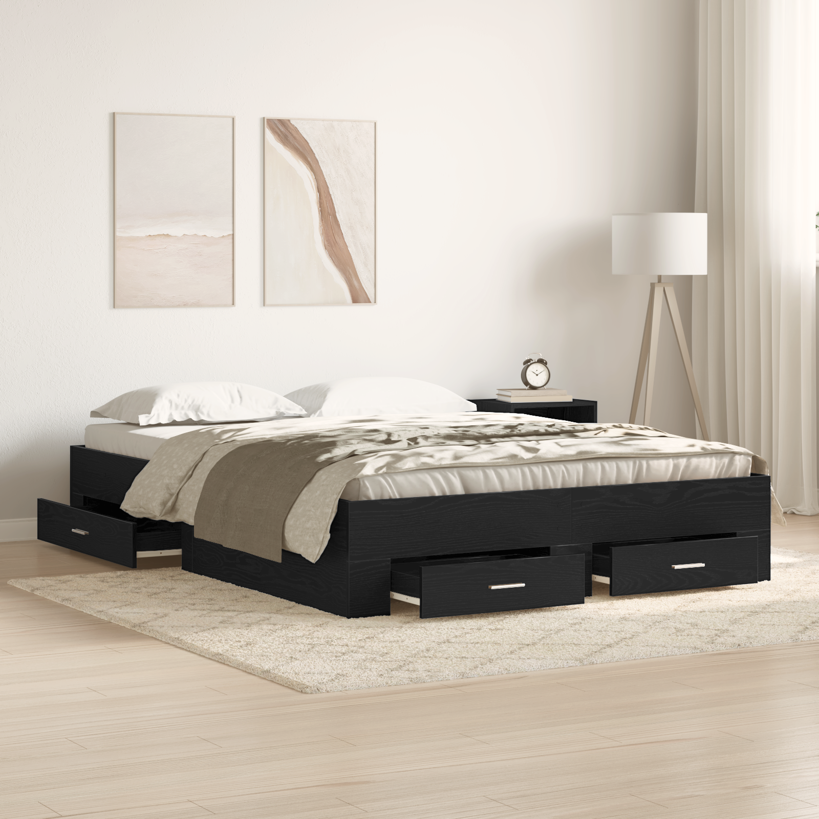 Bed Frame with Drawers Black oak Engineered wood 160 x 200 cm