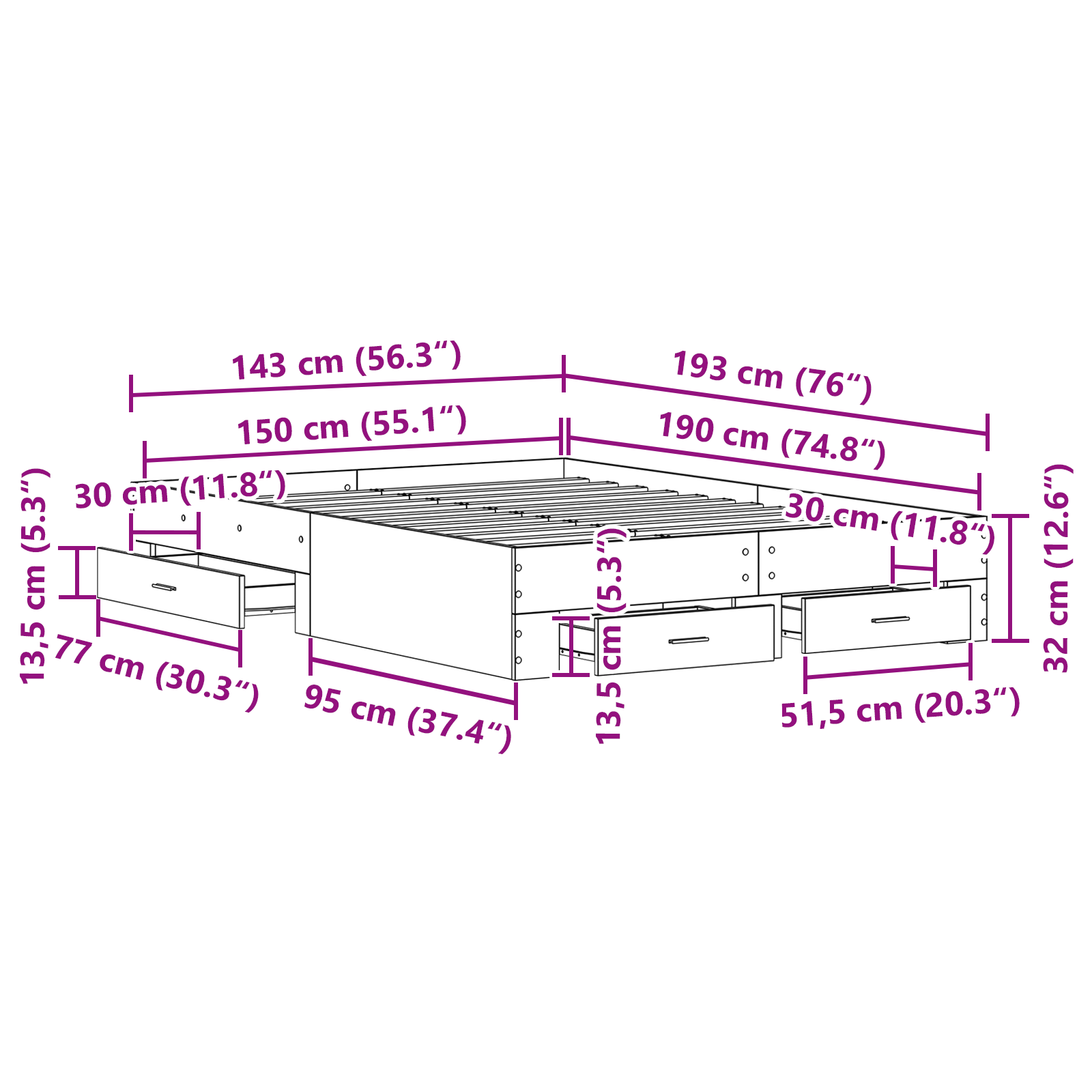 Bed Frame with Drawers Black oak Engineered wood 140 x 190 cm - Image 10