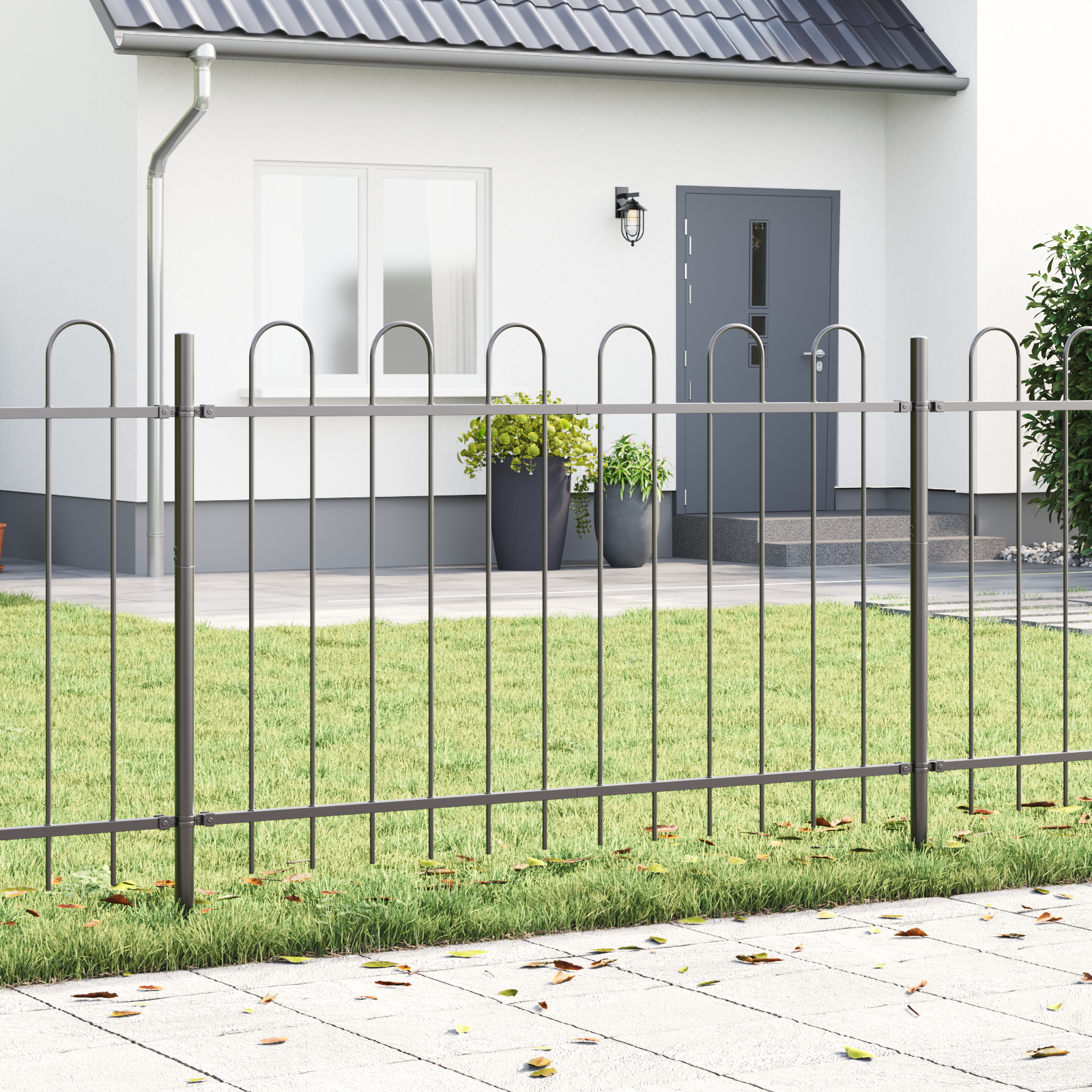 Thumbnail - vidaXL Gartenzaun mit Bogenoberteil in Grau, 6,8 x 1 m aus Stahl.