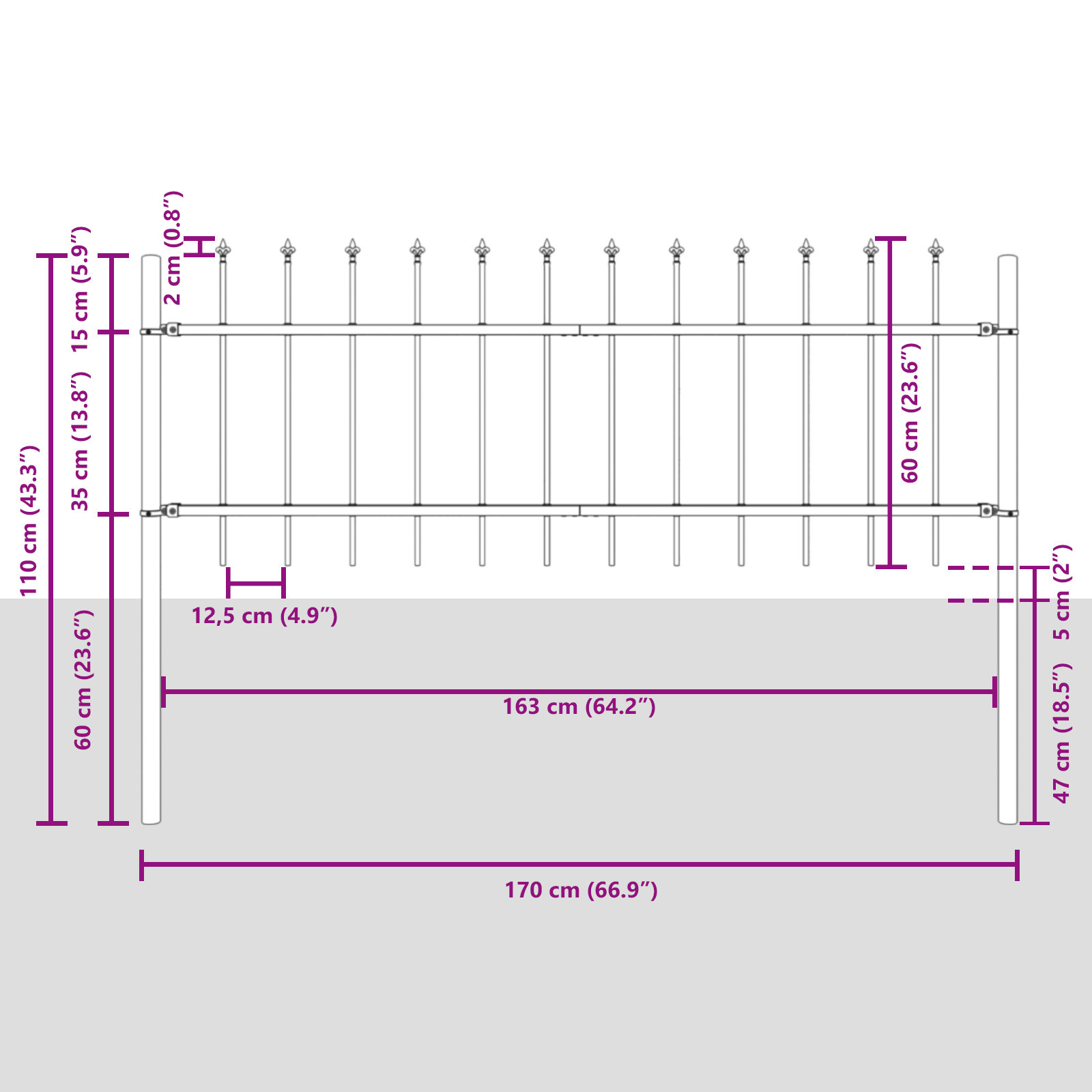 Garden Fence with Spear Top - Grey, 13.6 x 0.6 m, Steel - Image 7