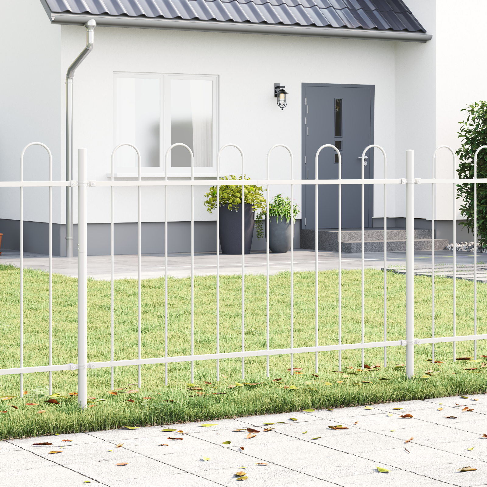 Thumbnail - vidaXL Weißer Gartenzaun mit Bogenoberteil - 15,3 m x 1 m aus Stahl