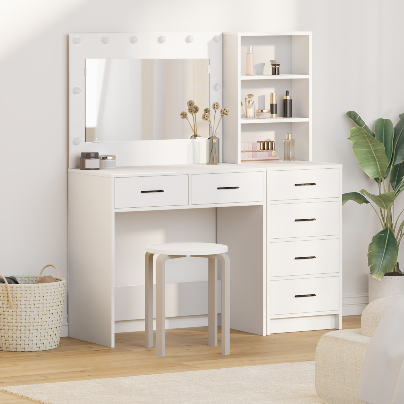 2 Piece Dressing Table Set with LED White Engineered Wood