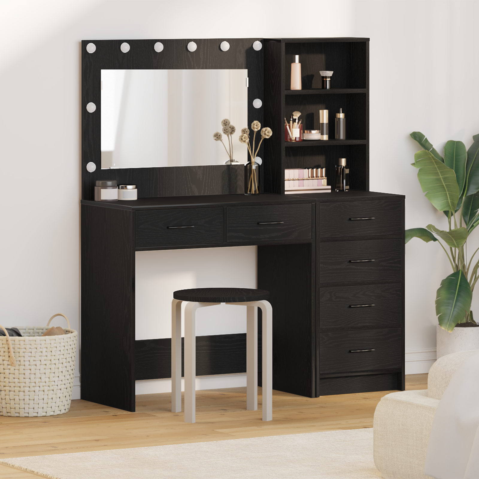 2 Piece Dressing Table Set with LED Black Engineered Wood