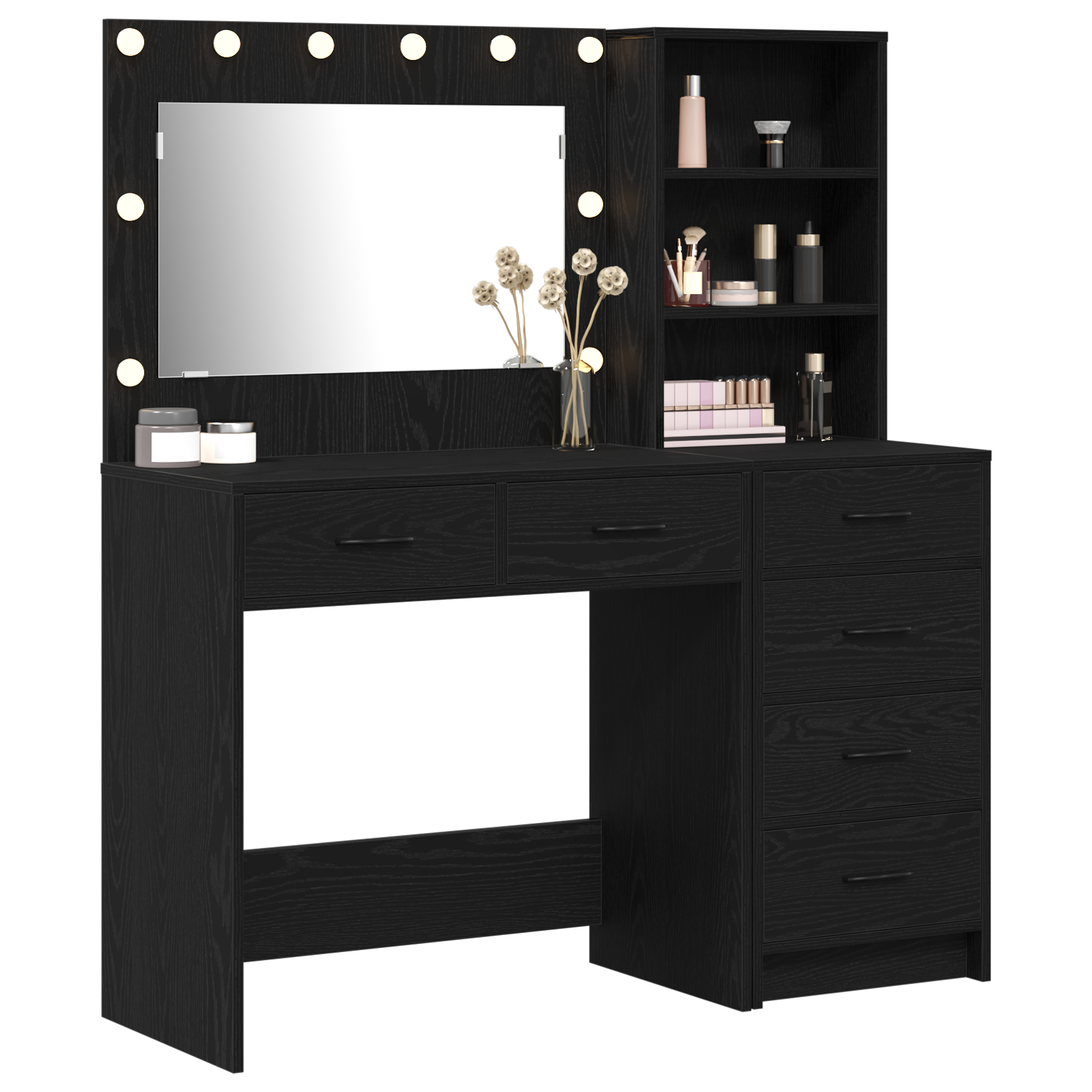 2 Piece Dressing Table Set with LED Black Engineered Wood - Image 3