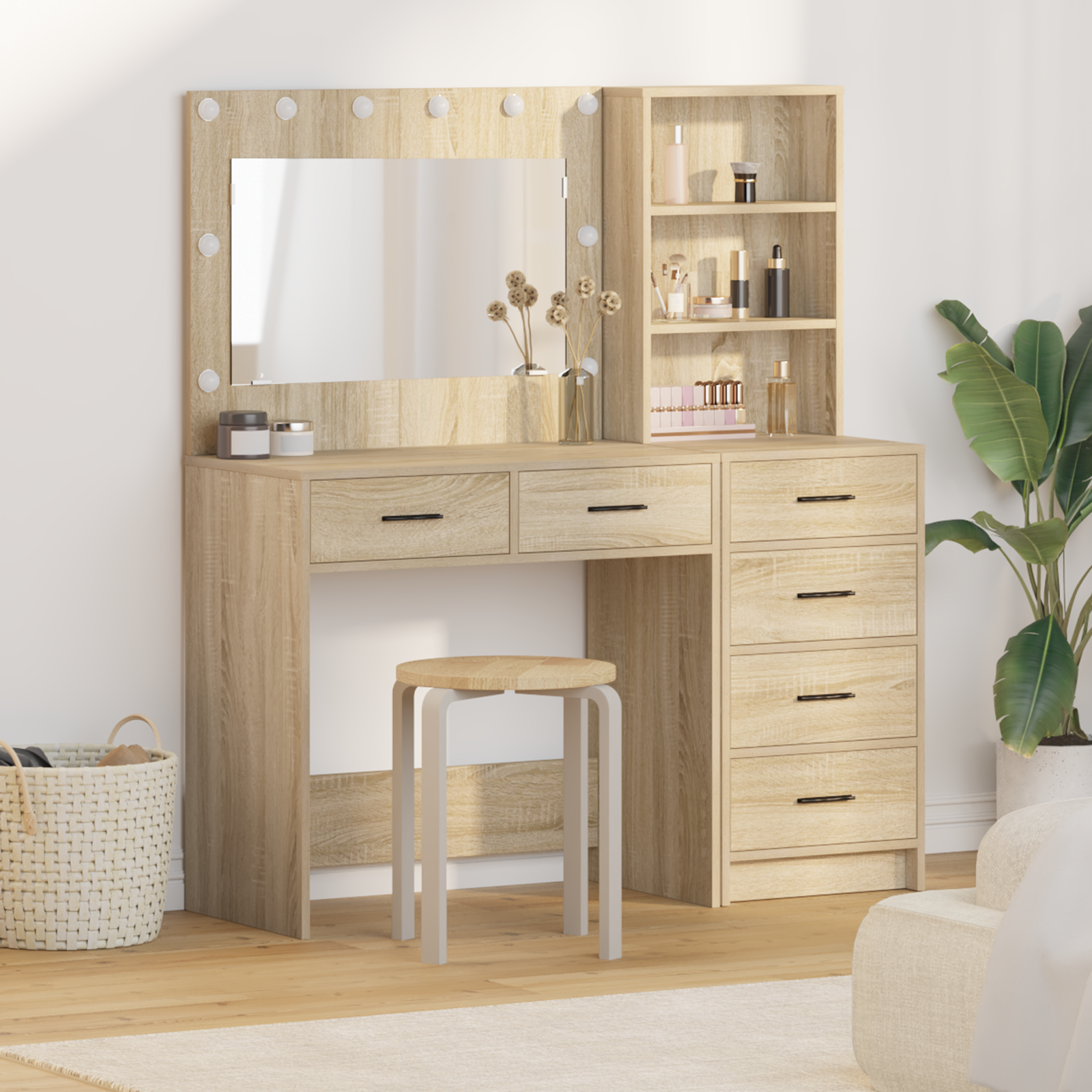 2 Piece Dressing Table Set with LED Sonoma Oak Engineered Wood