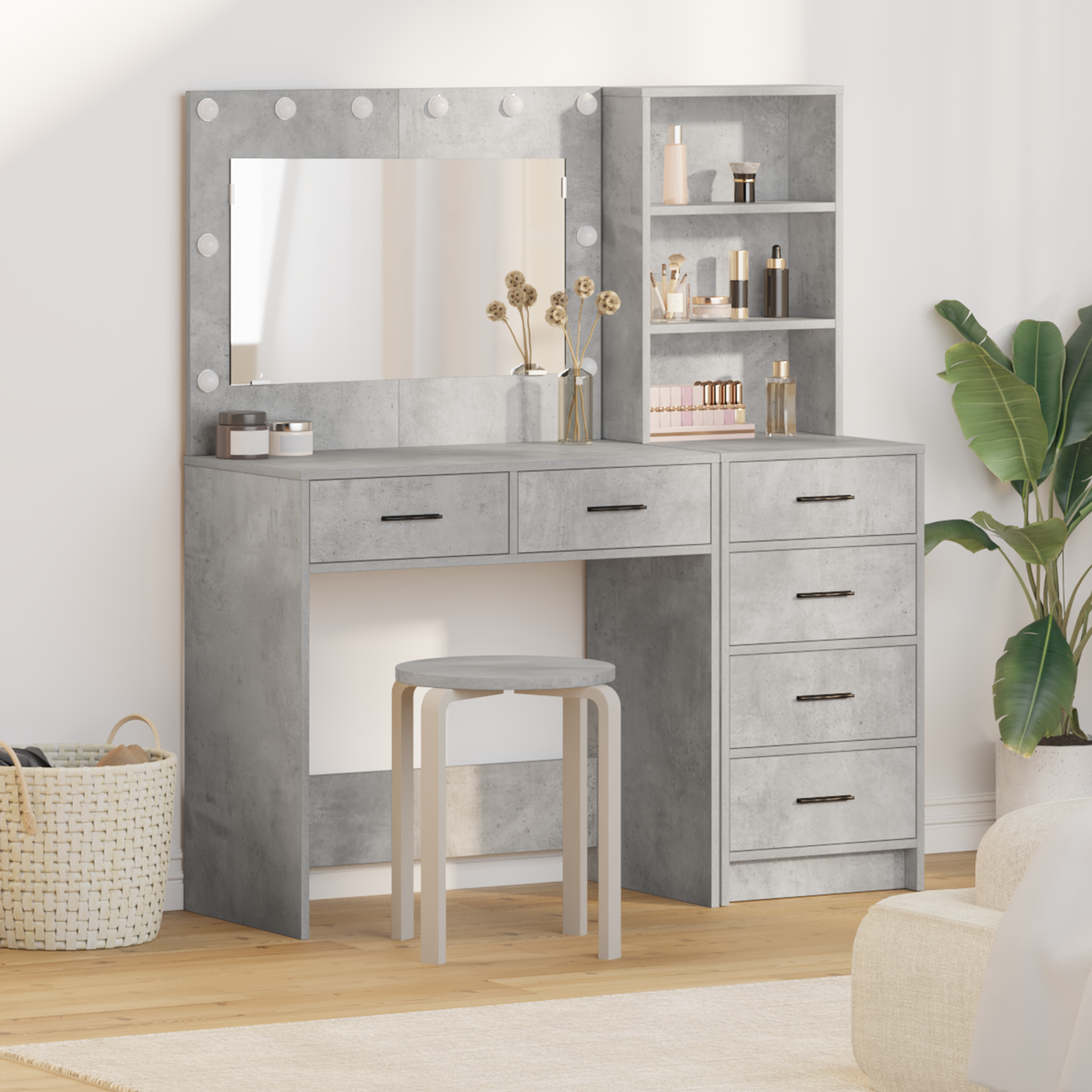 2 Piece Dressing Table Set with LED Concrete Grey Engineered Wood