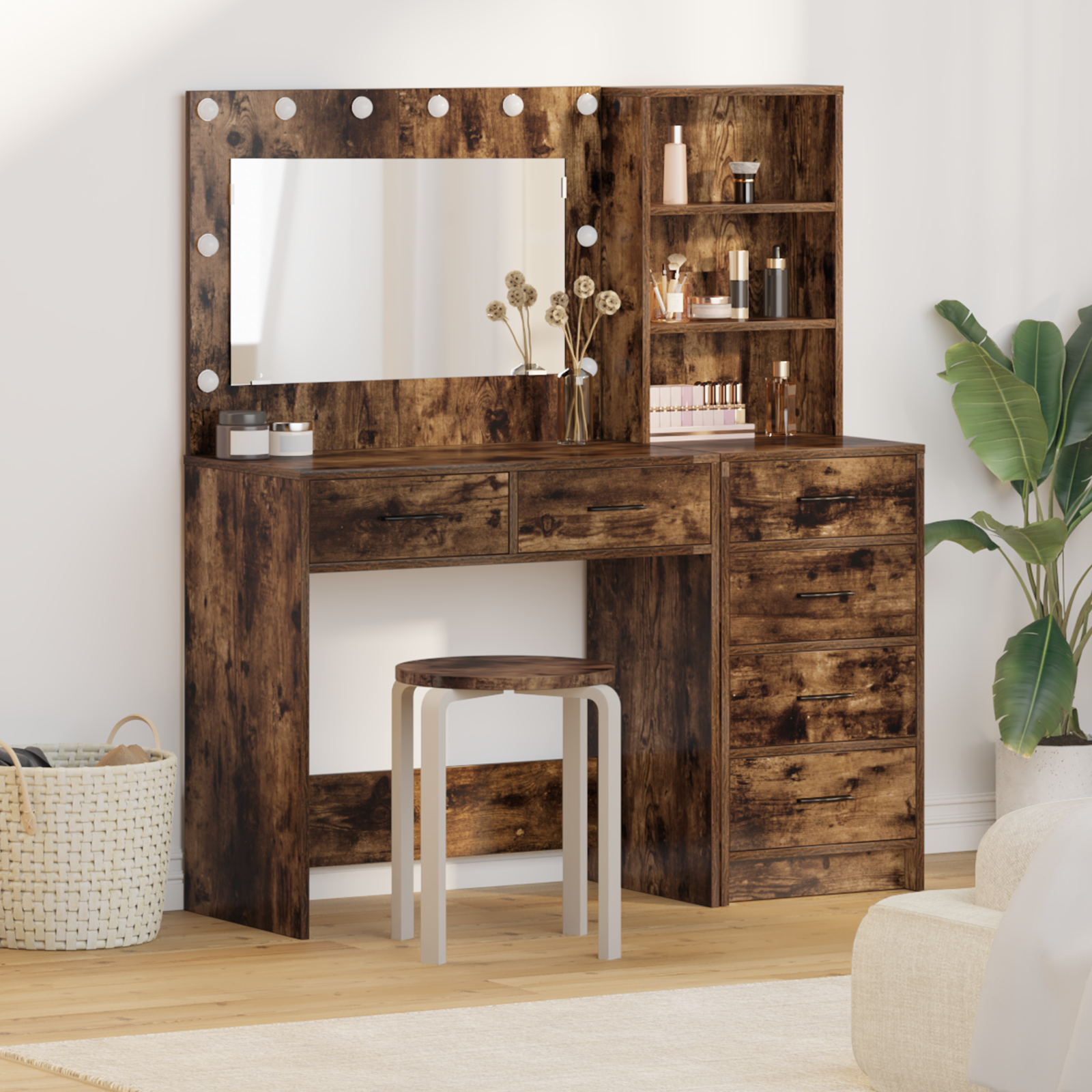 2 Piece Dressing Table Set with LED Smoked Oak Engineered Wood