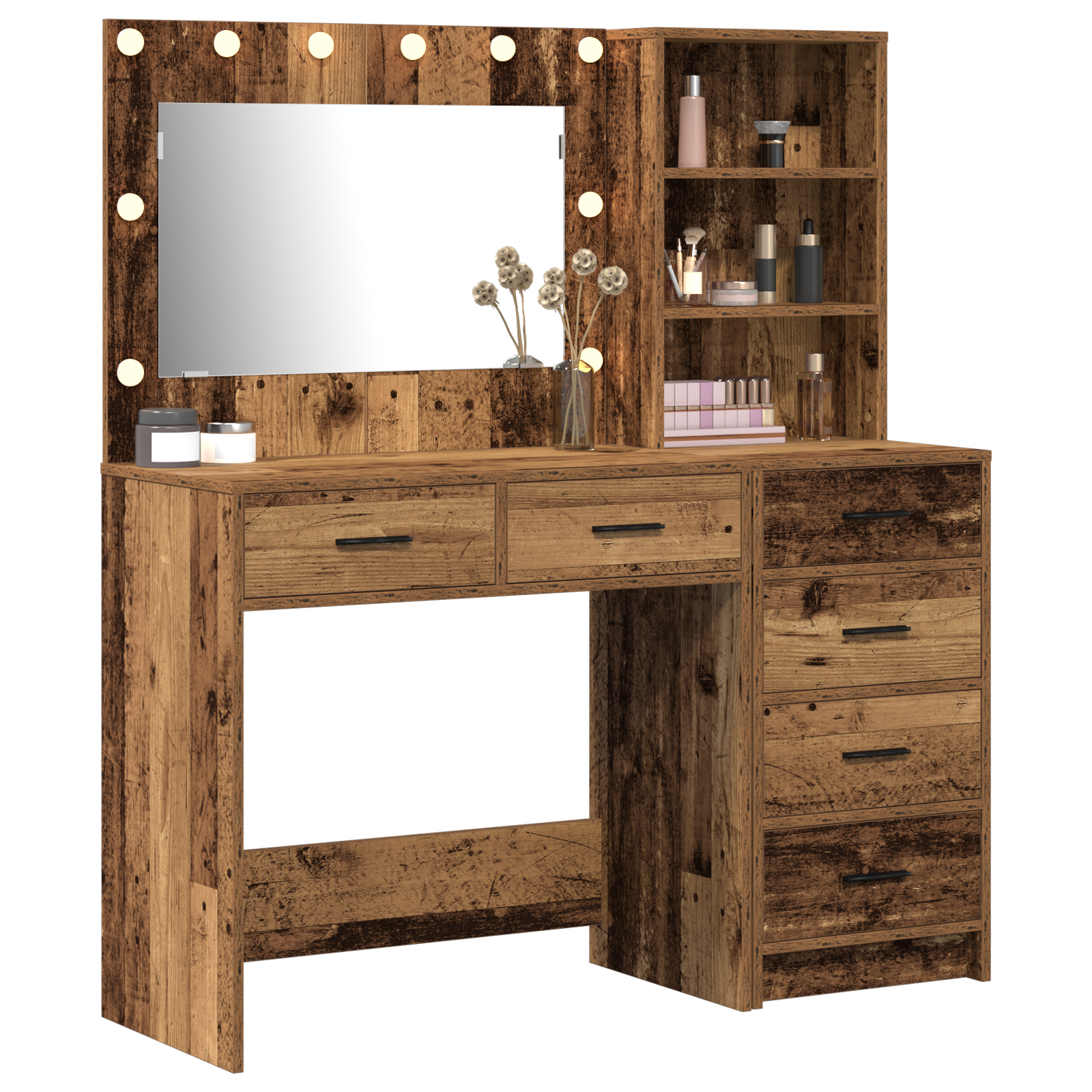2 Piece Dressing Table Set with LED Old Wood Engineered Wood - Image 3