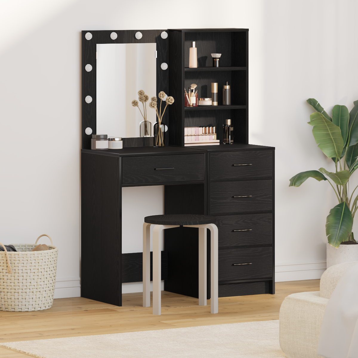 2 Piece Dressing Table Set with LED Black Engineered Wood
