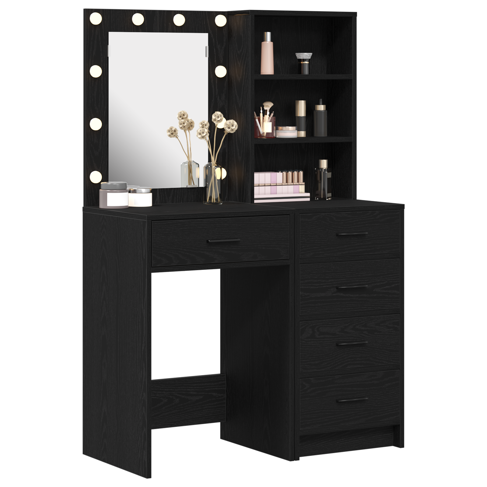 2 Piece Dressing Table Set with LED Black Engineered Wood - Image 3