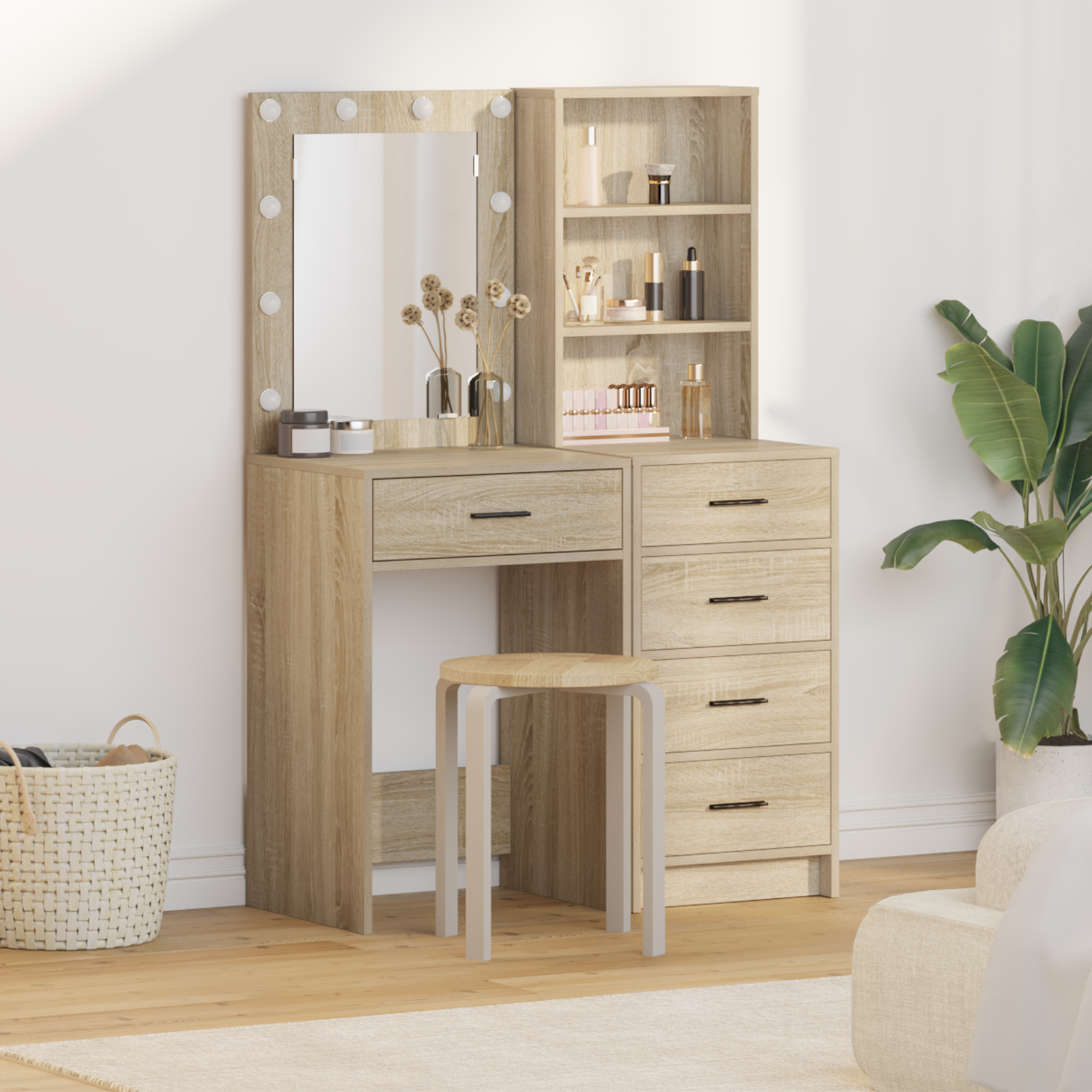 2 Piece Dressing Table Set with LED Sonoma Oak Engineered Wood
