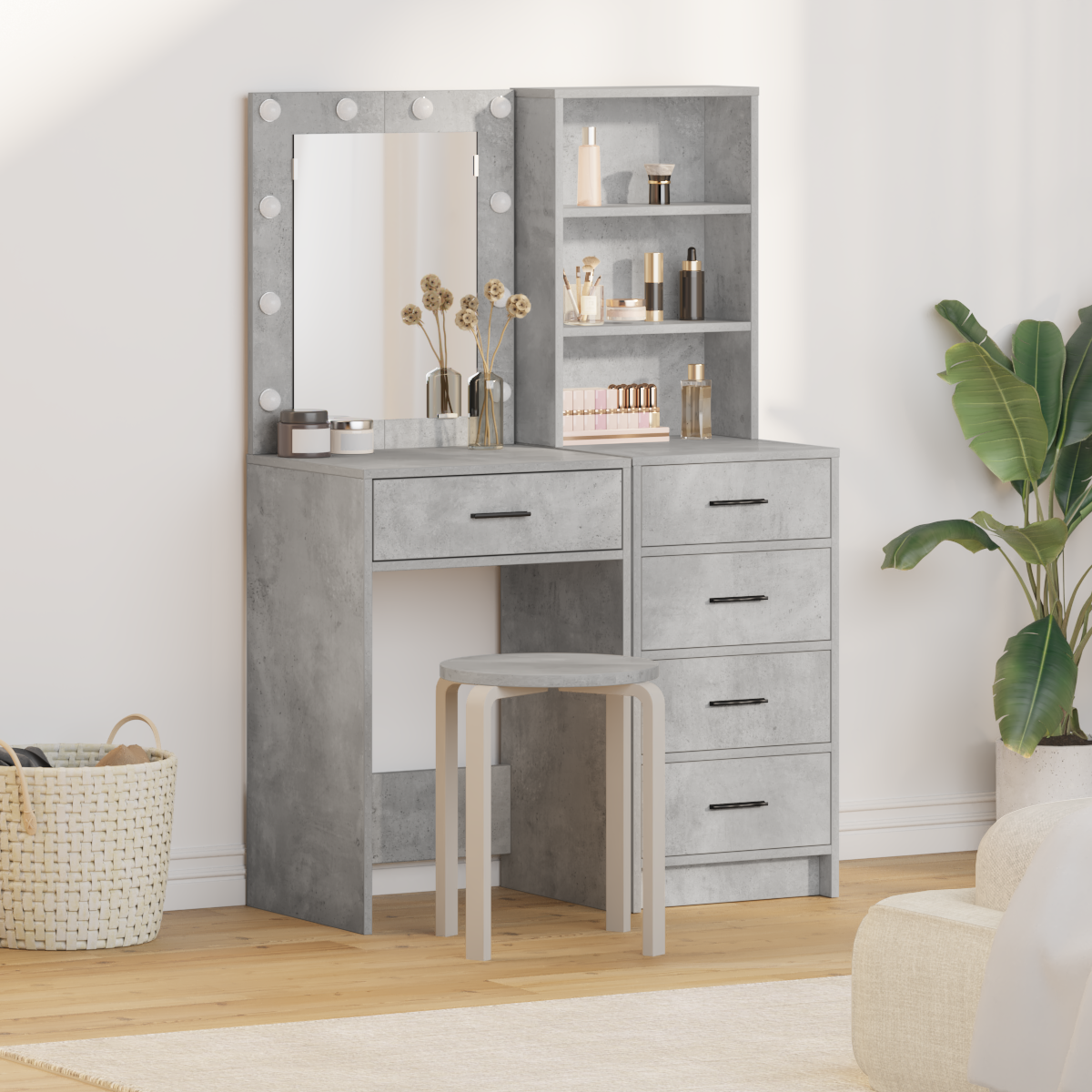 2 Piece Dressing Table Set with LED Concrete Grey Engineered Wood