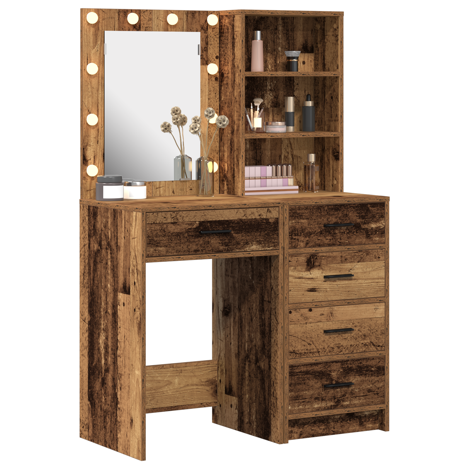 2 Piece Dressing Table Set with LED Old Wood Engineered Wood - Image 3