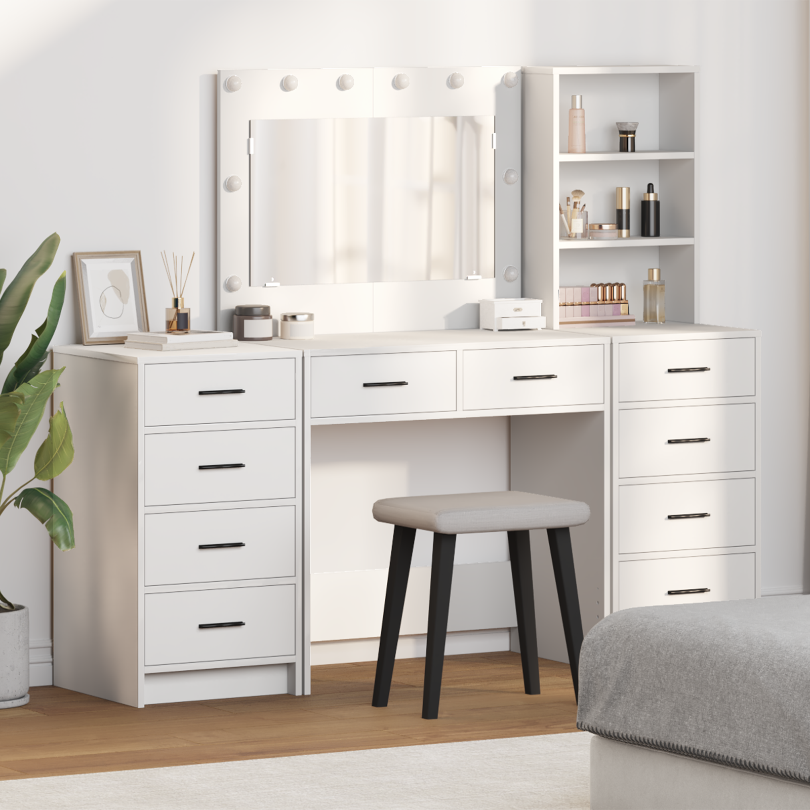 3-Piece Dressing Table Set with LED - White Engineered Wood
