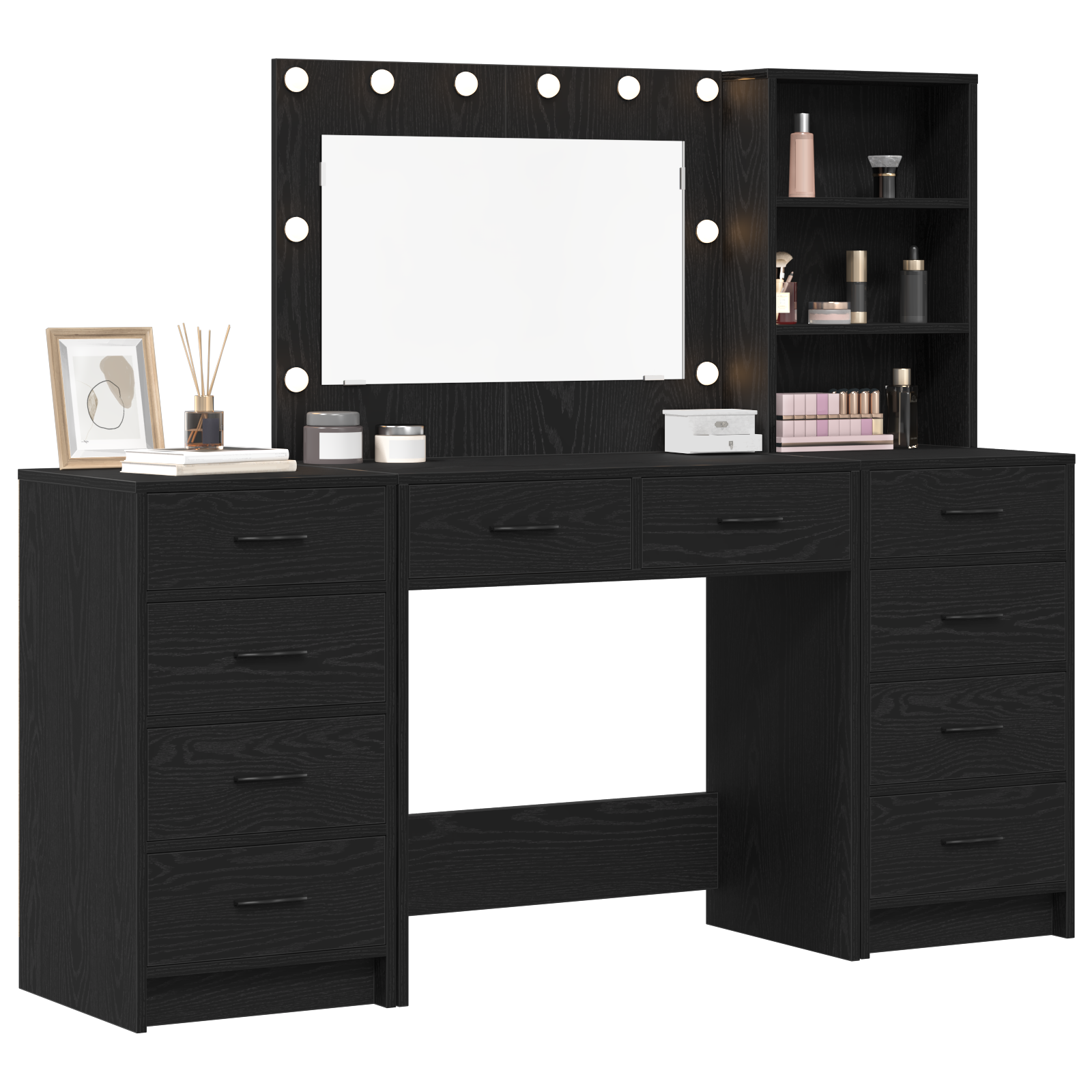 3 Piece Dressing Table Set with LED Black Engineered Wood - Image 3