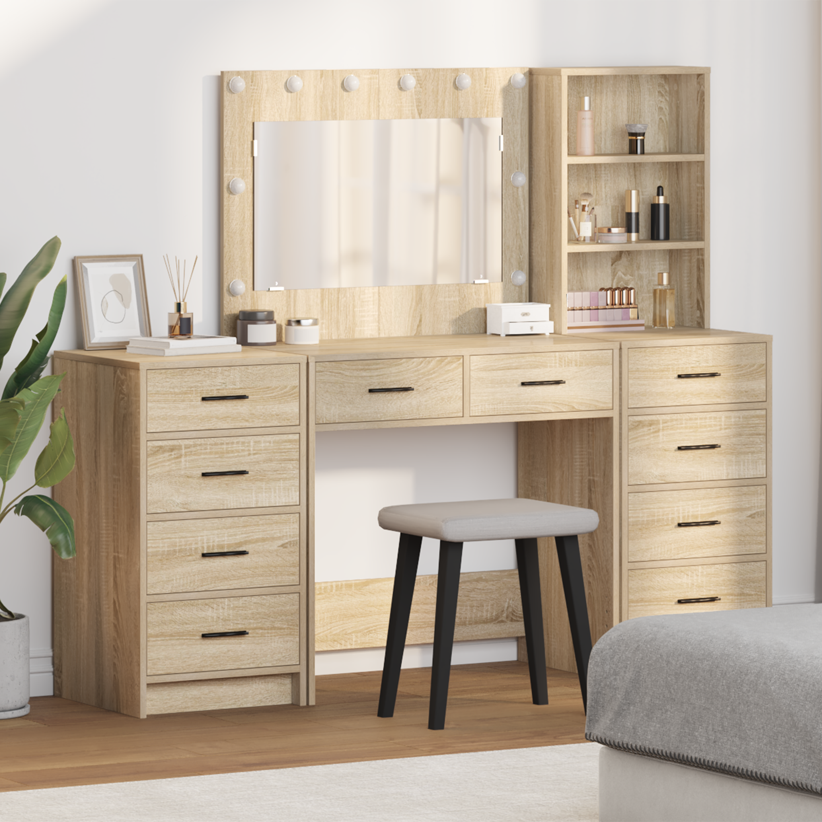 3-Piece Dressing Table Set with LED in Sonoma Oak Engineered Wood