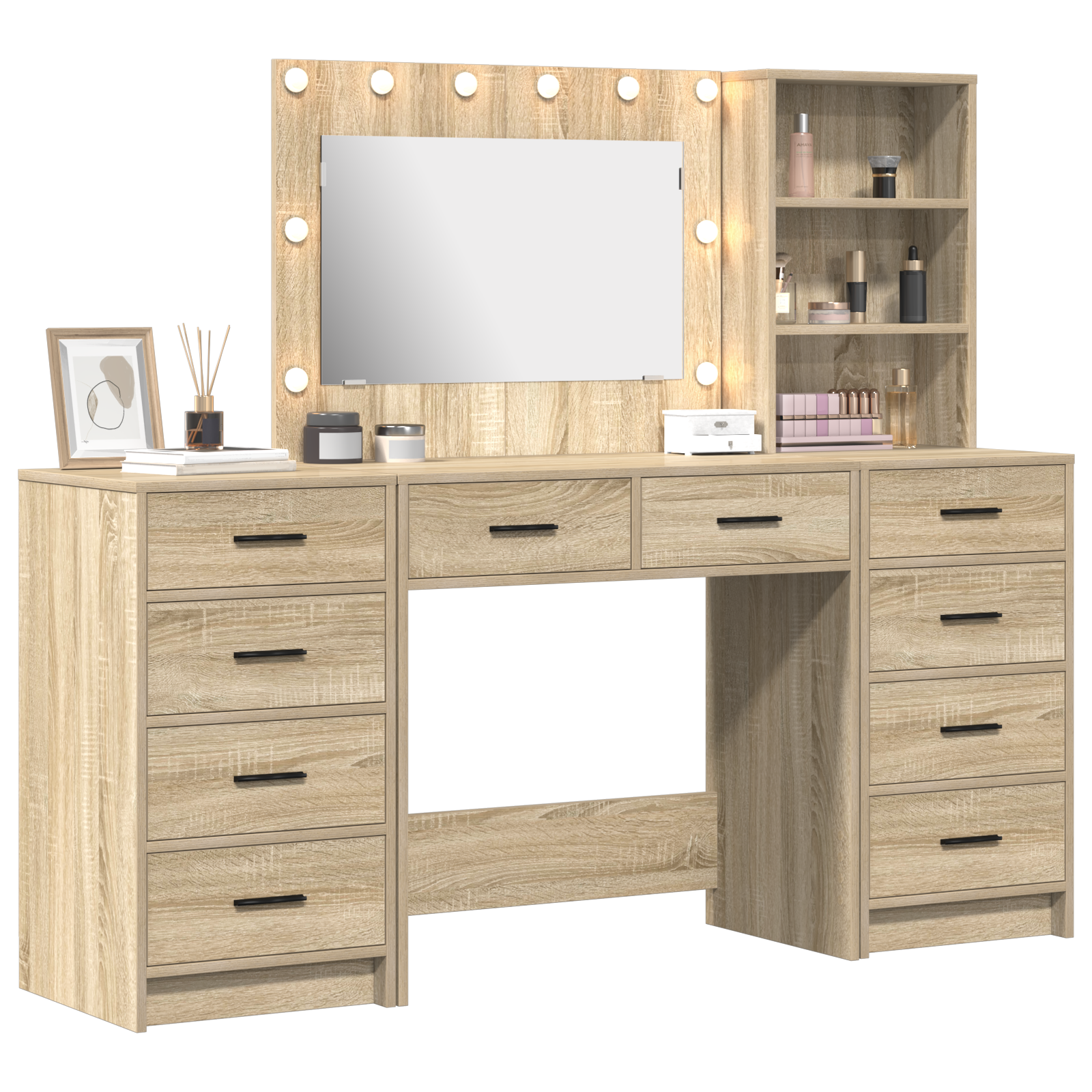 3-Piece Dressing Table Set with LED in Sonoma Oak Engineered Wood - Image 3