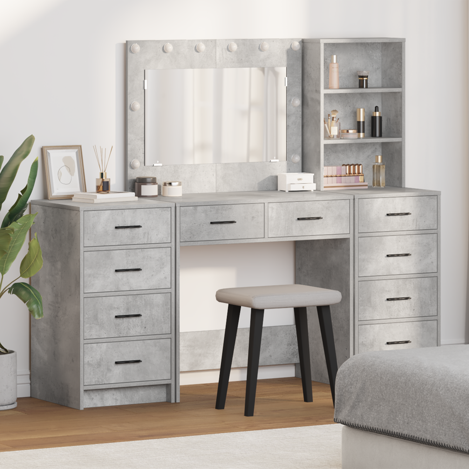 3 Piece Dressing Table Set with LED - Concrete Grey Engineered Wood