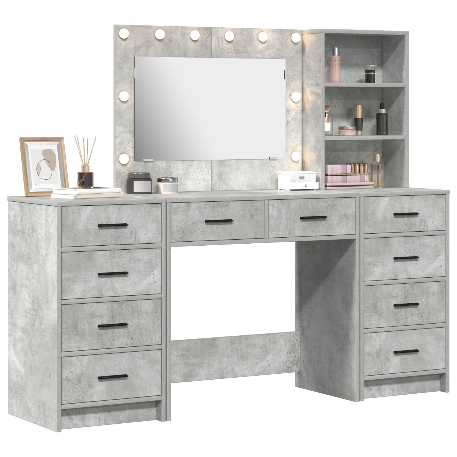 3 Piece Dressing Table Set with LED - Concrete Grey Engineered Wood - Image 3