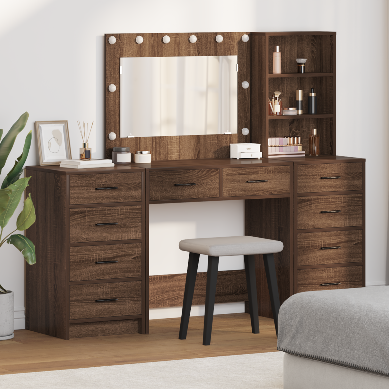 3-Piece Dressing Table Set with LED in Black Oak Engineered Wood